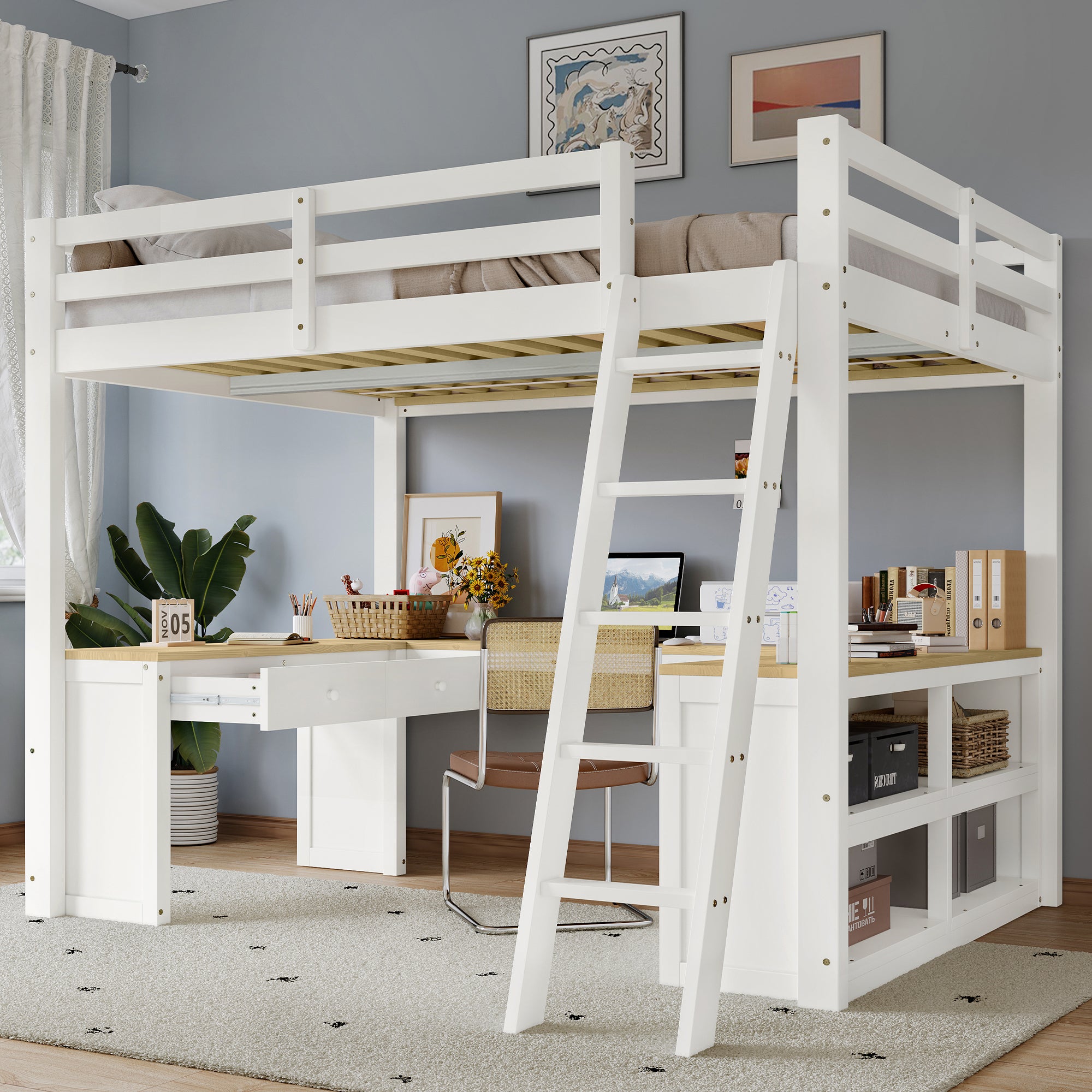 Loft Bed with U-Shaped Desk, Storage Shelf, 140x200cm, White Pine/MDF