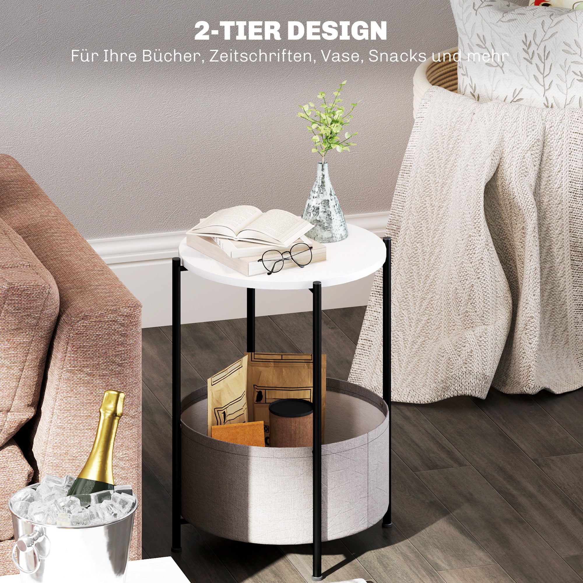 Side Table, Round Coffee Table with Storage, Steel, Grey+White