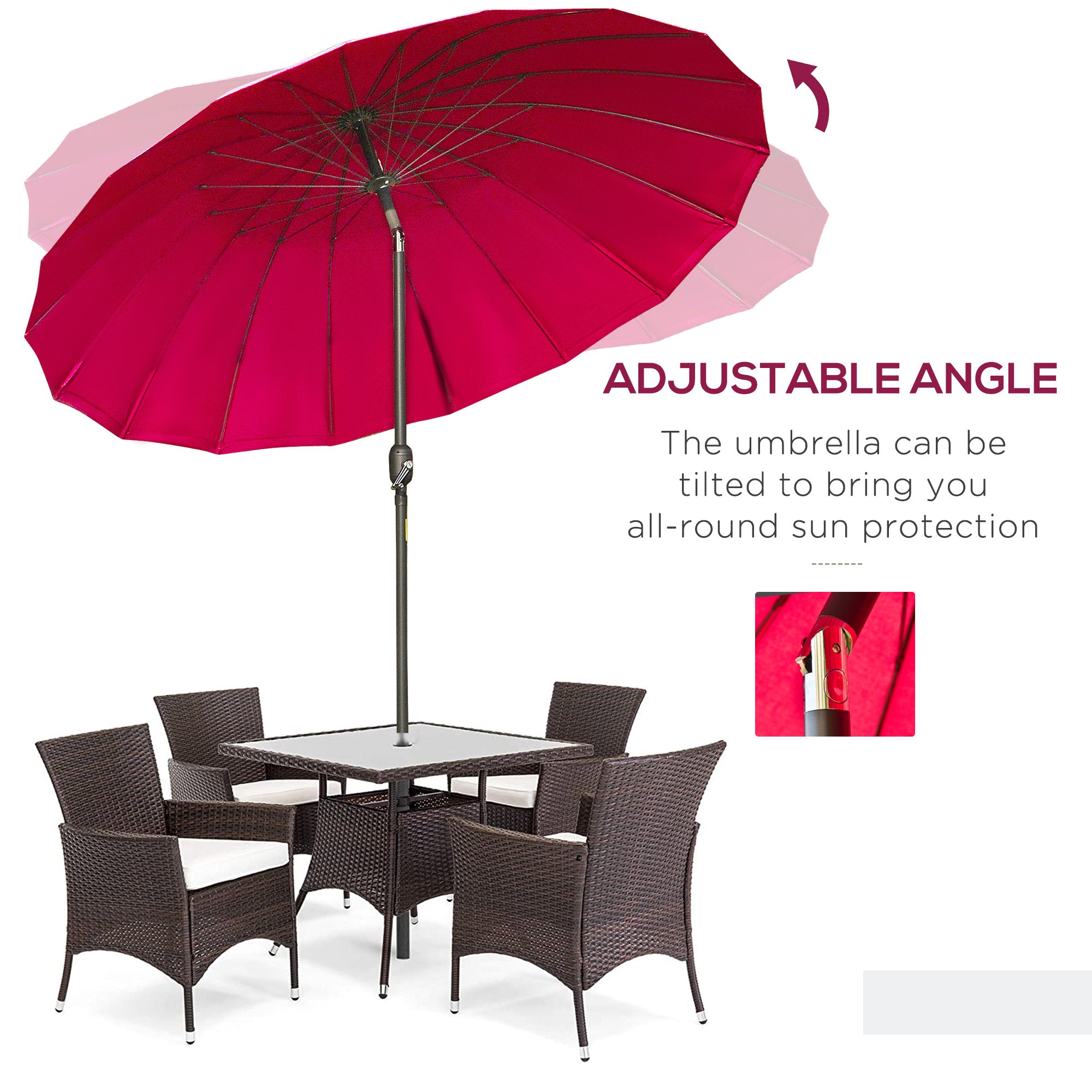 Shanghai Garden Parasol Umbrella, 2.5m Crank & Tilt Adjustable Sun Shade, Red