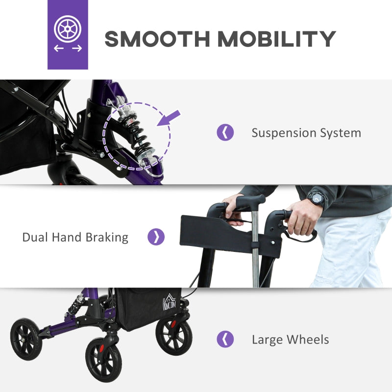 Folding Rollator Walker with Seat, Dual Brakes, Adjustable Height, 4-Wheeled, Purple