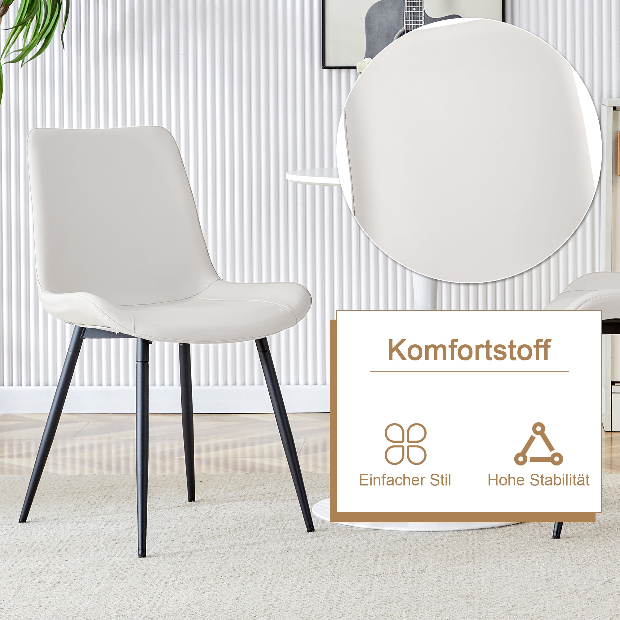 Modern Minimalist Round Table Set, 4 White Armchairs, Integrated Storage, 100cm Diameter, Brown Wood/White PU