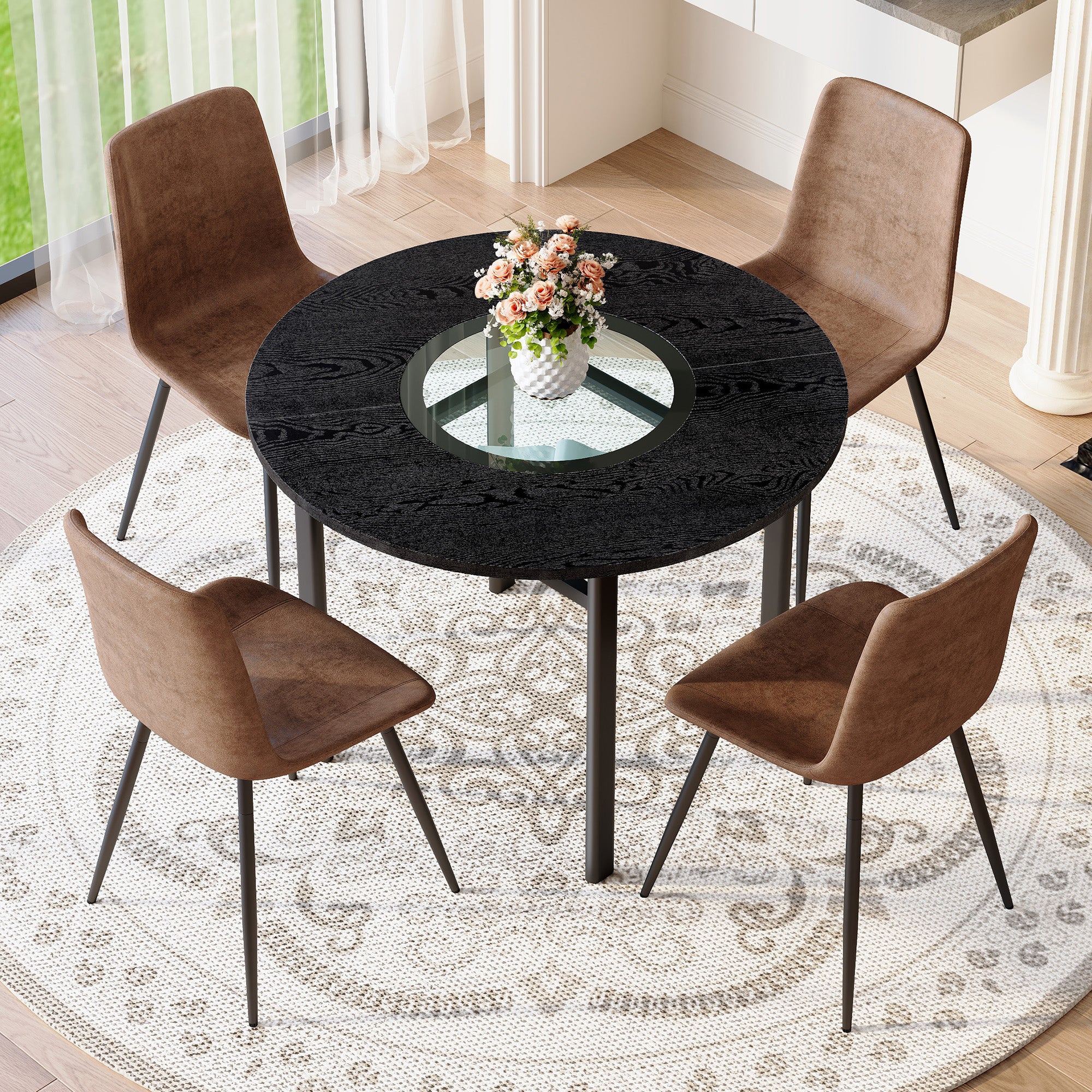 Modern Minimalist Round Table Set, 4 Armchairs, 100cm Round, Tech Fabric and Black Wood Look