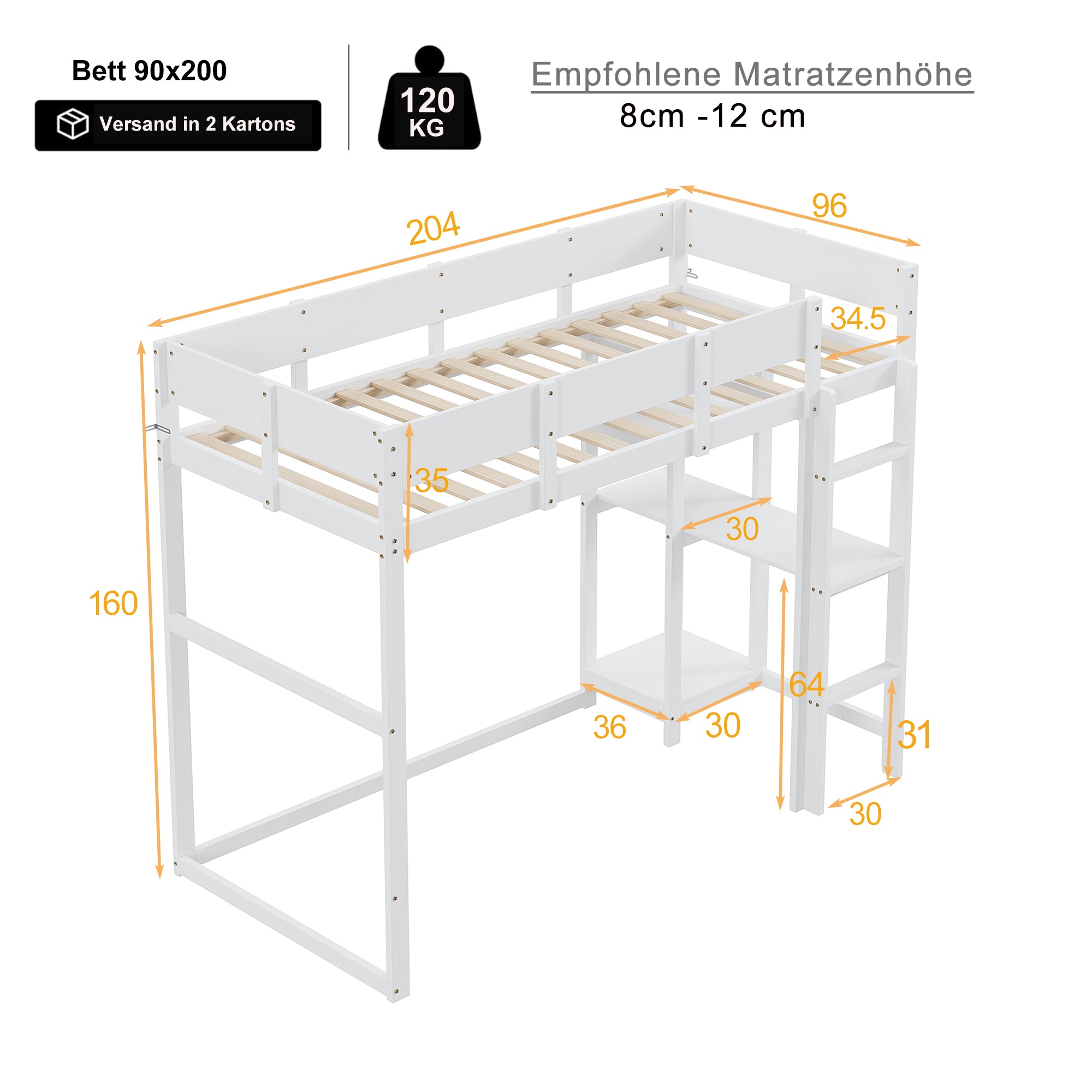 Loft Bed with Storage 90x200cm Kids/Teens Pine Wood, White