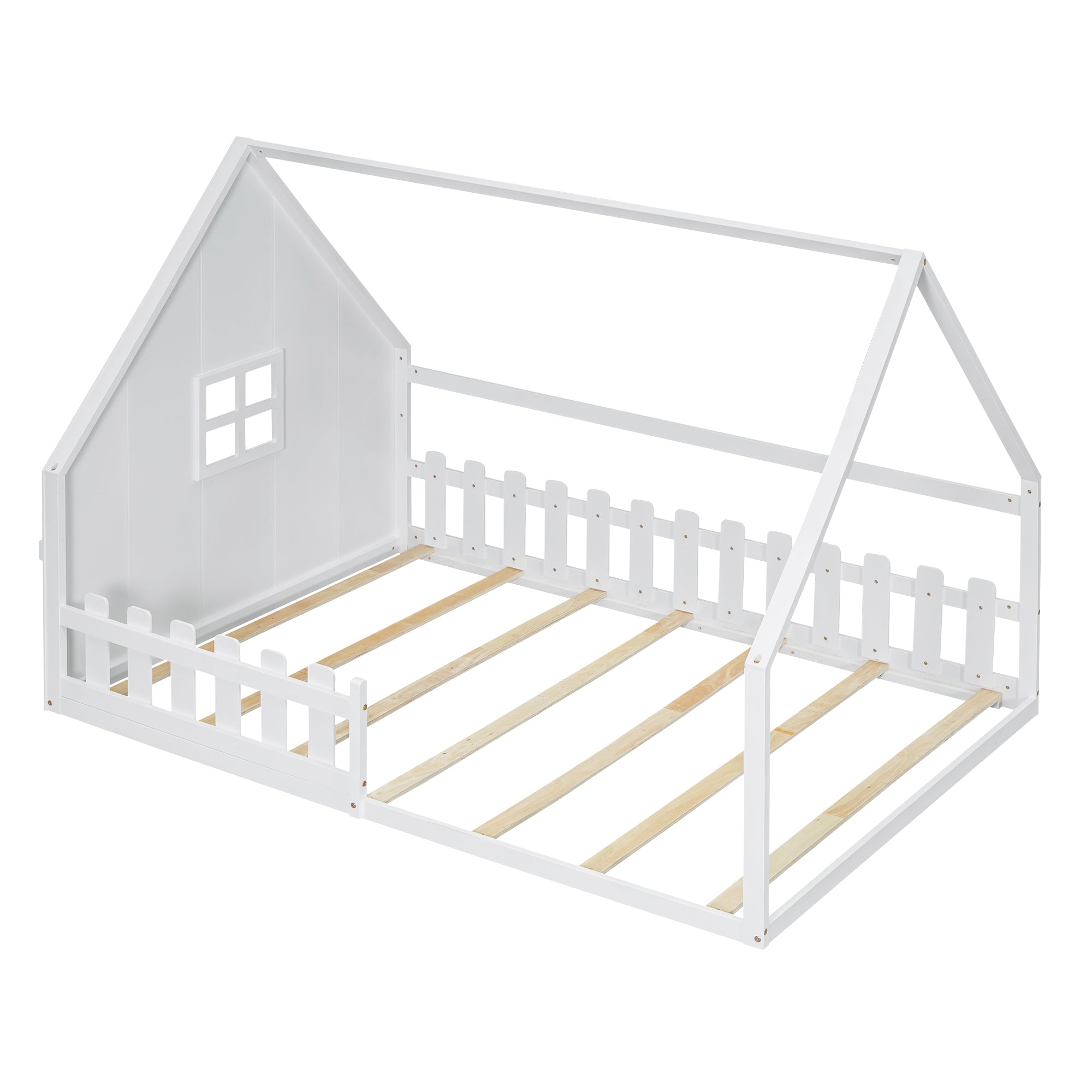 Flatbed Children's Bed with House Rail & Railing, 140x200cm Pine Wood White