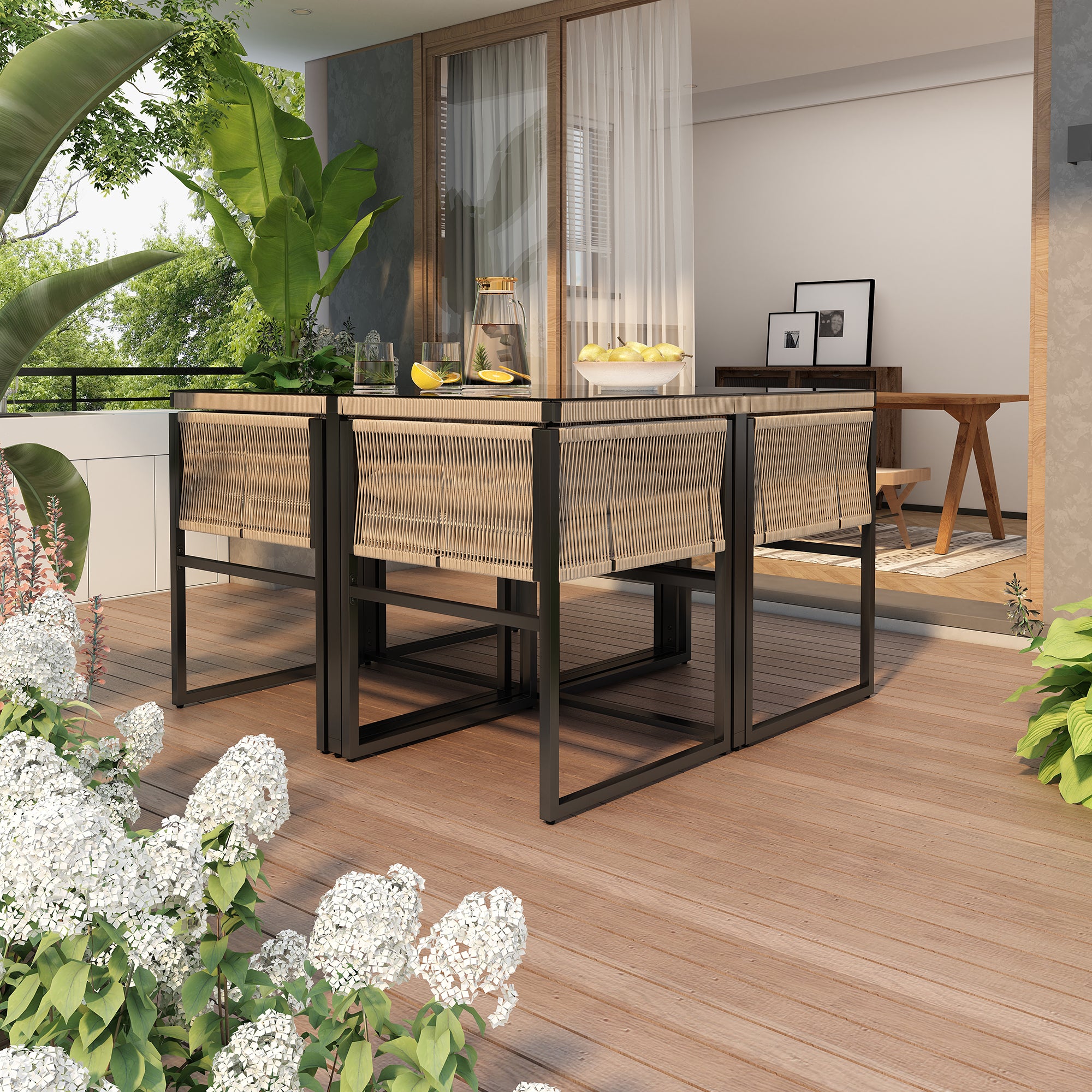 Garden Dining Set 5-Piece 4 Stackable Chairs Fine Rope Iron