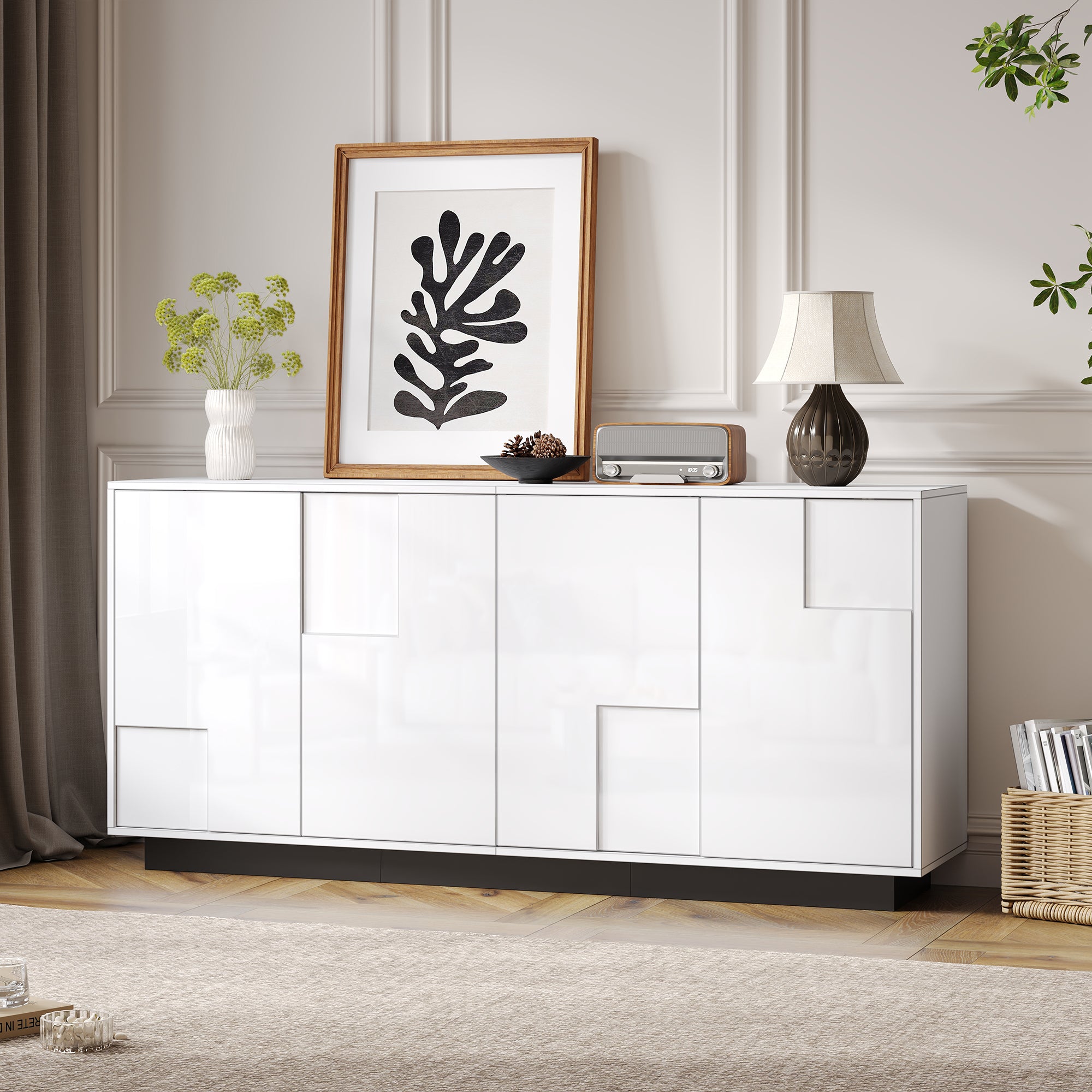 Living Room Sideboard, 4-Door High-Gloss Cabinet with Ample Storage, White and Black