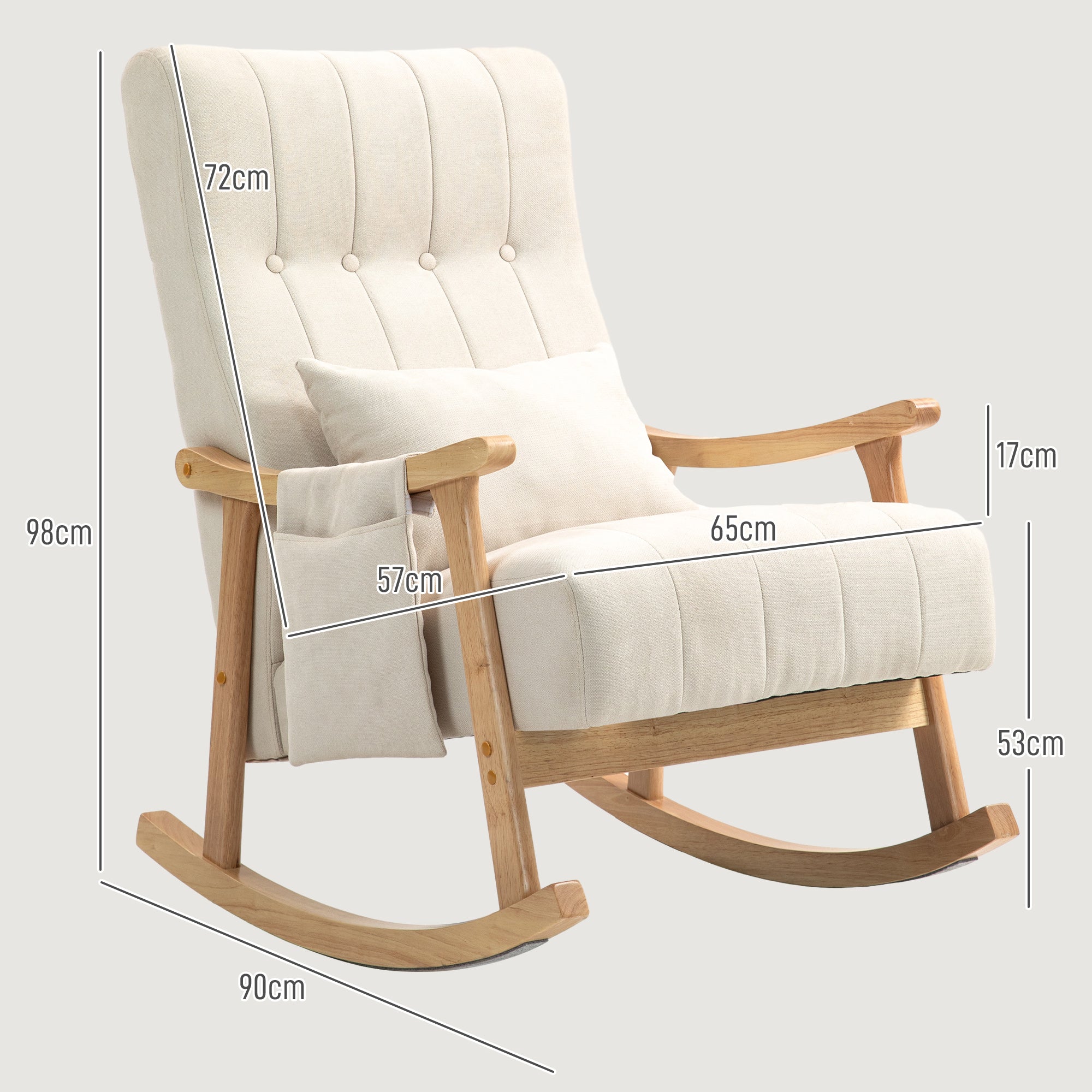 Rocking Chair Padded with Lumbar Cushion Side Pocket Wooden Frame Linen Look Beige