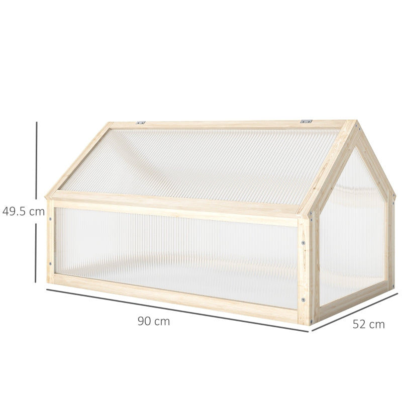 Cold Frame Greenhouse, Openable Polycarbonate Top 90 x 52 x 50cm, Natural Wooden