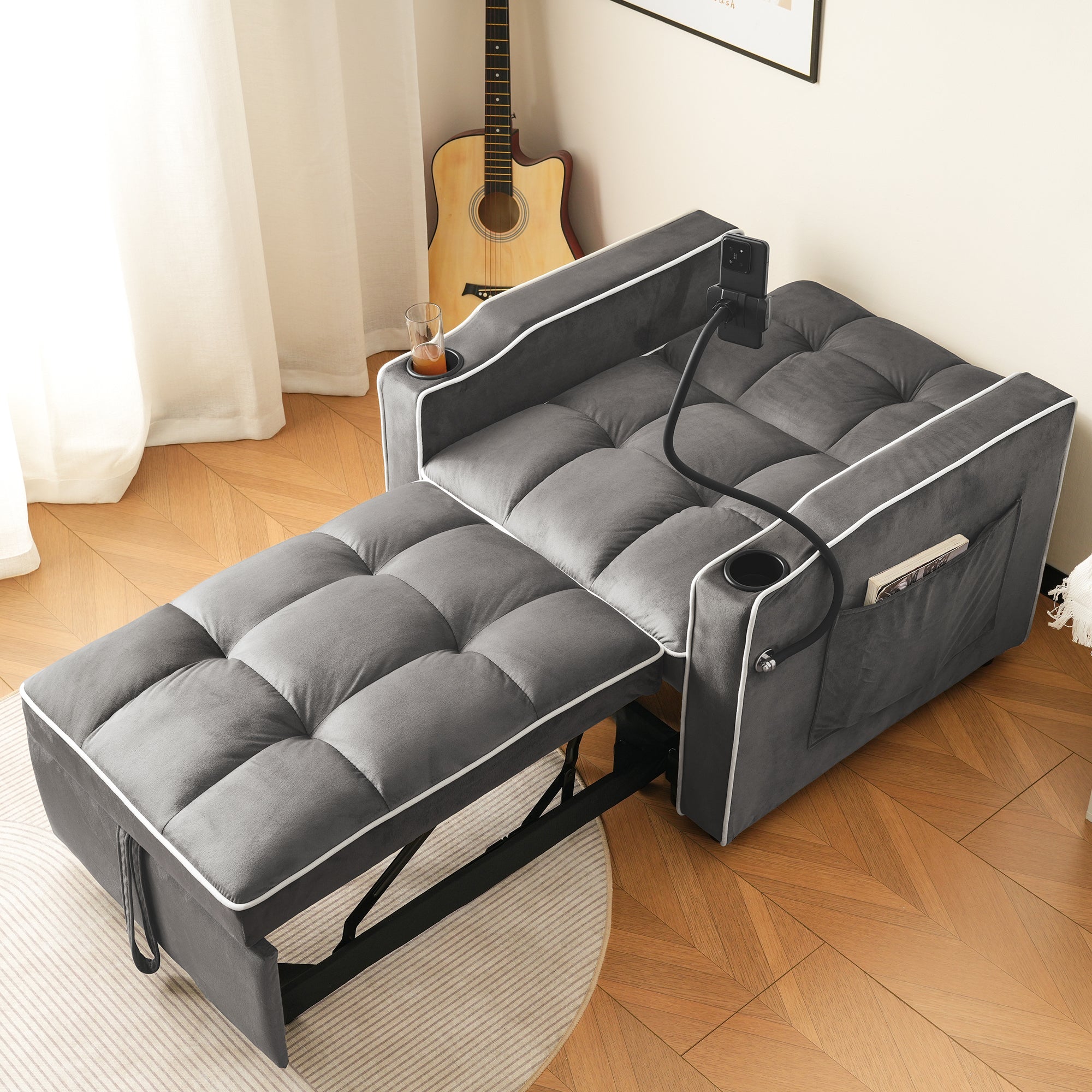 3-in-1 Sleeper Sofa Extendable, Cup/Phone Holders, Small Spaces
