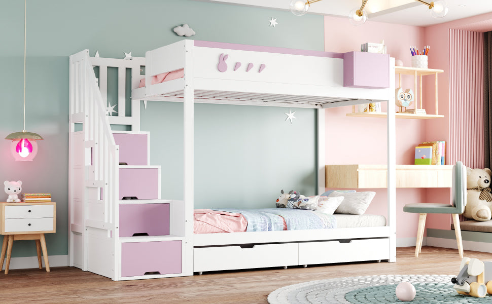 Children's Bunk Bed 90x200cm Rabbit & Carrot Motif Storage Ladder Drawers, White & Pink