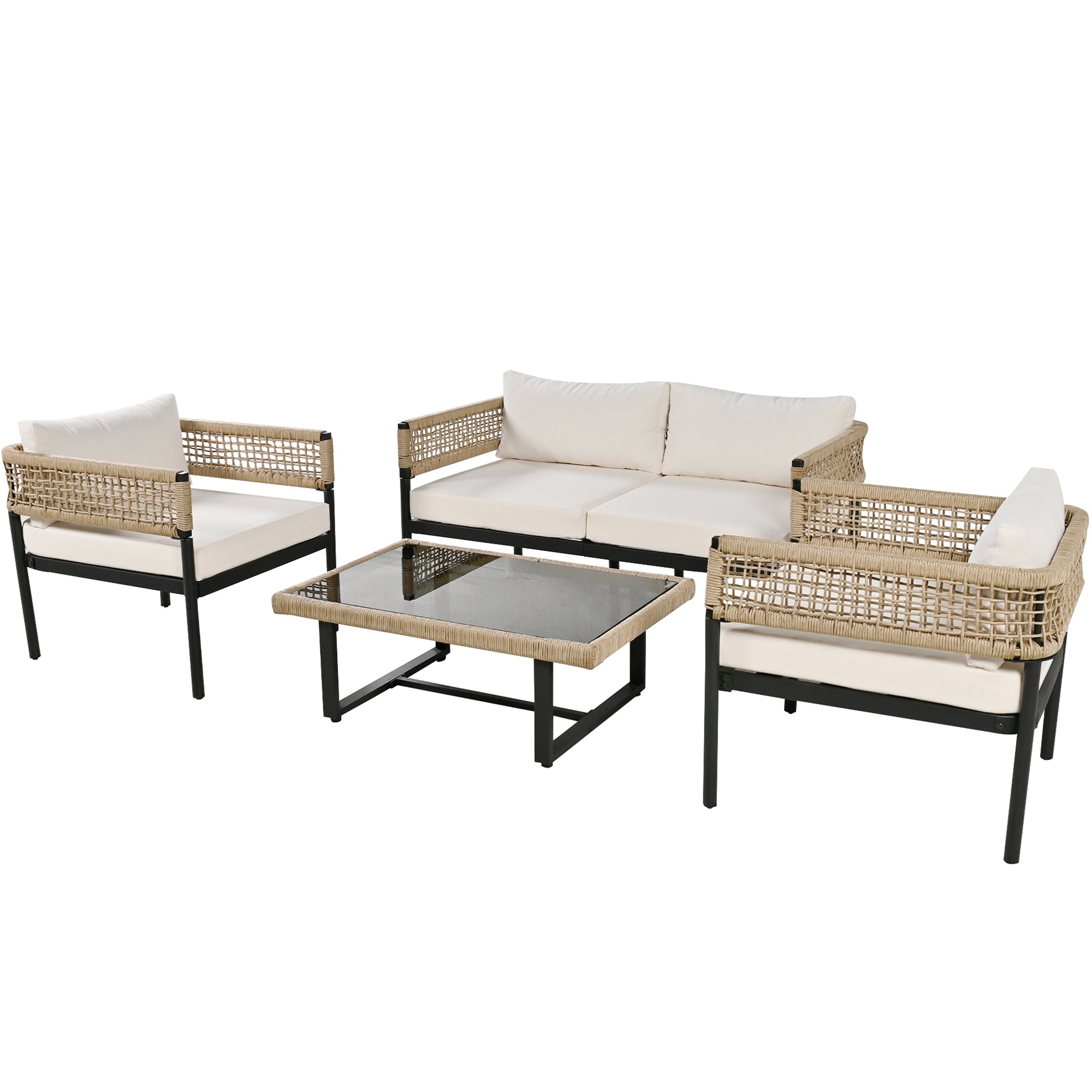 Garden Lounge Set 4-Piece Rope Set Galvanized Frame Glass Top with Cushions - Beige