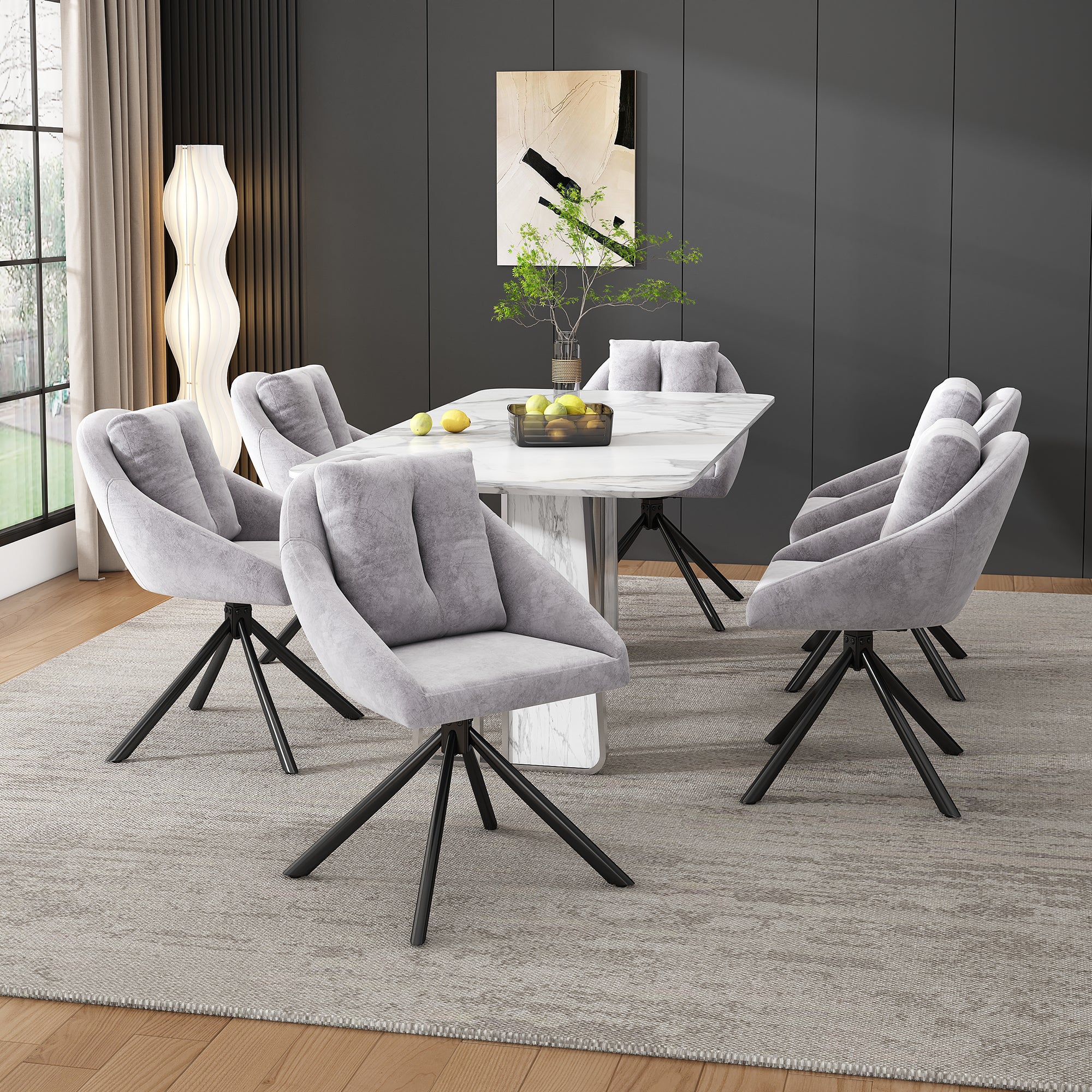Swivel Dining Chair Set of 6 with Ergonomic Design, Grey Velvet