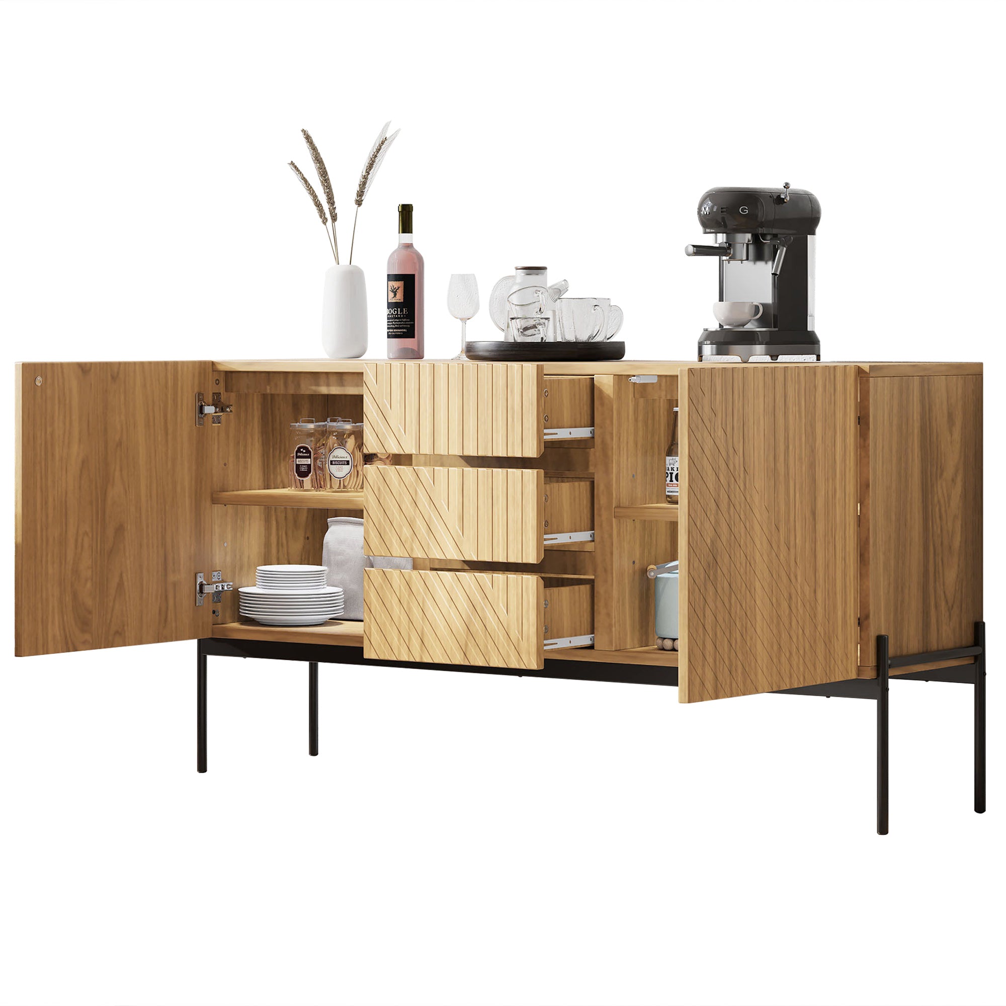 Sideboard with 2 doors and 3 drawers, metal legs