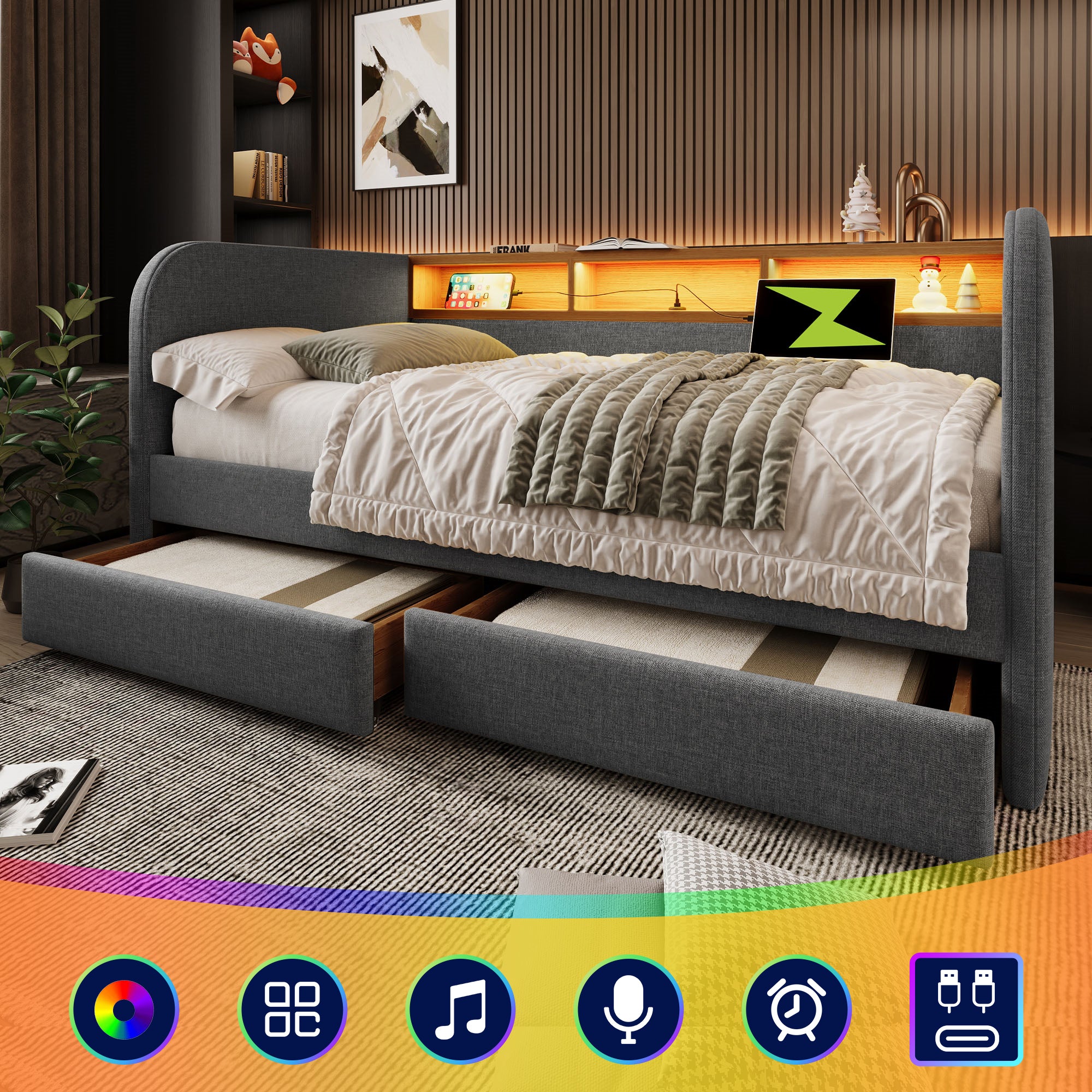 Upholstered Daybed, 140x190cm Sofa Bed with LED, USB-C & Storage, Grey Linen