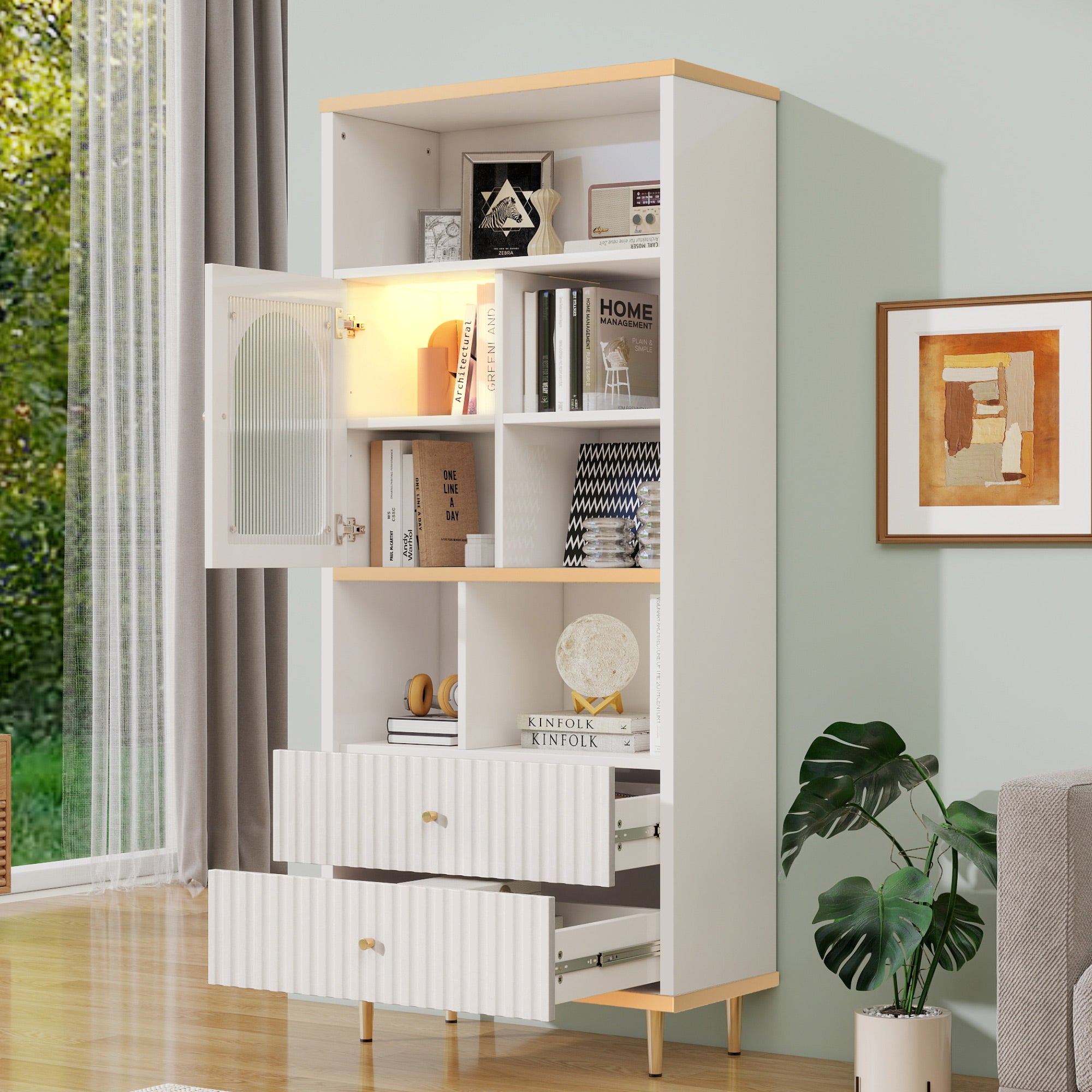 Multifunctional Bookshelf, Multi-layer Storage, Transparent Cabinet Door, Silent Drawers, Remote-Controlled Color-Changing Light Bar, Metal Base, White