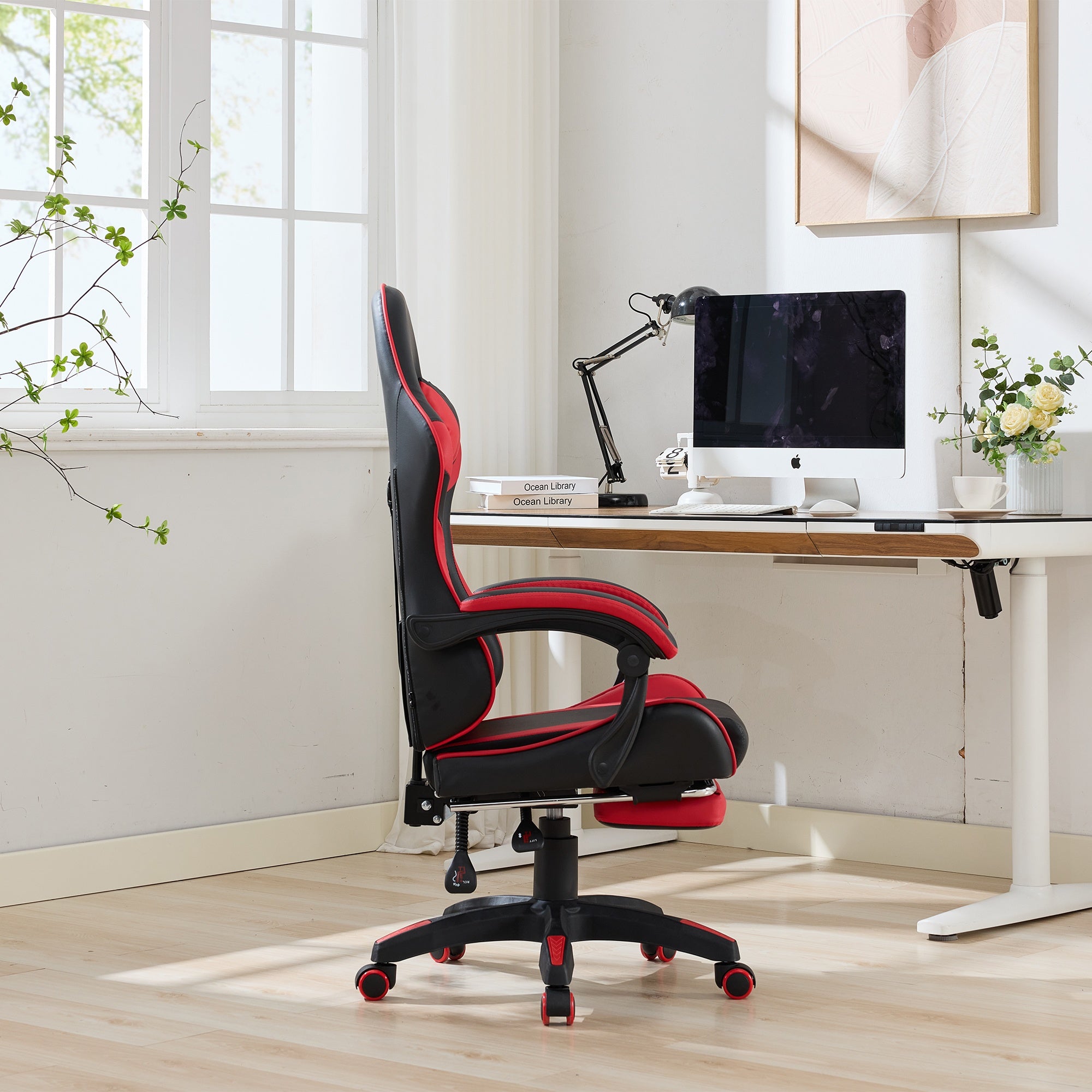 Racing Gaming Chair High-Back Ergonomic Swivel with Footrest Headrest Lumbar Support Leather Black & Red