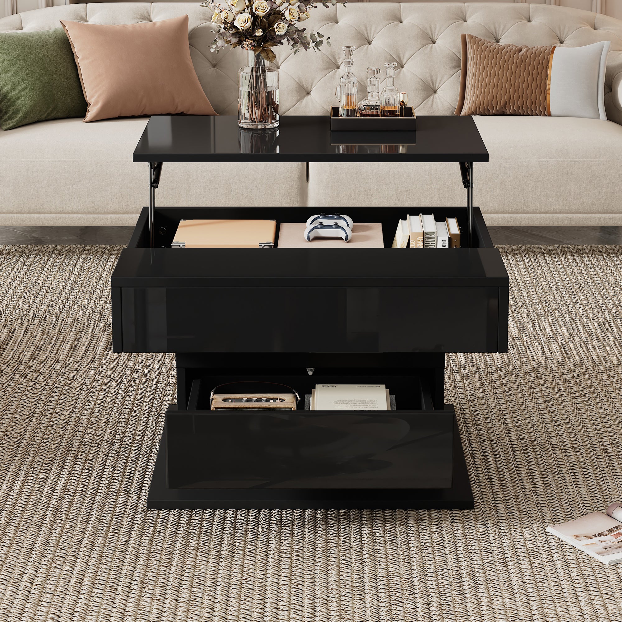 Coffee Table Geometric 360° Swivel Lift-Top 1 Drawer High-Gloss - Black
