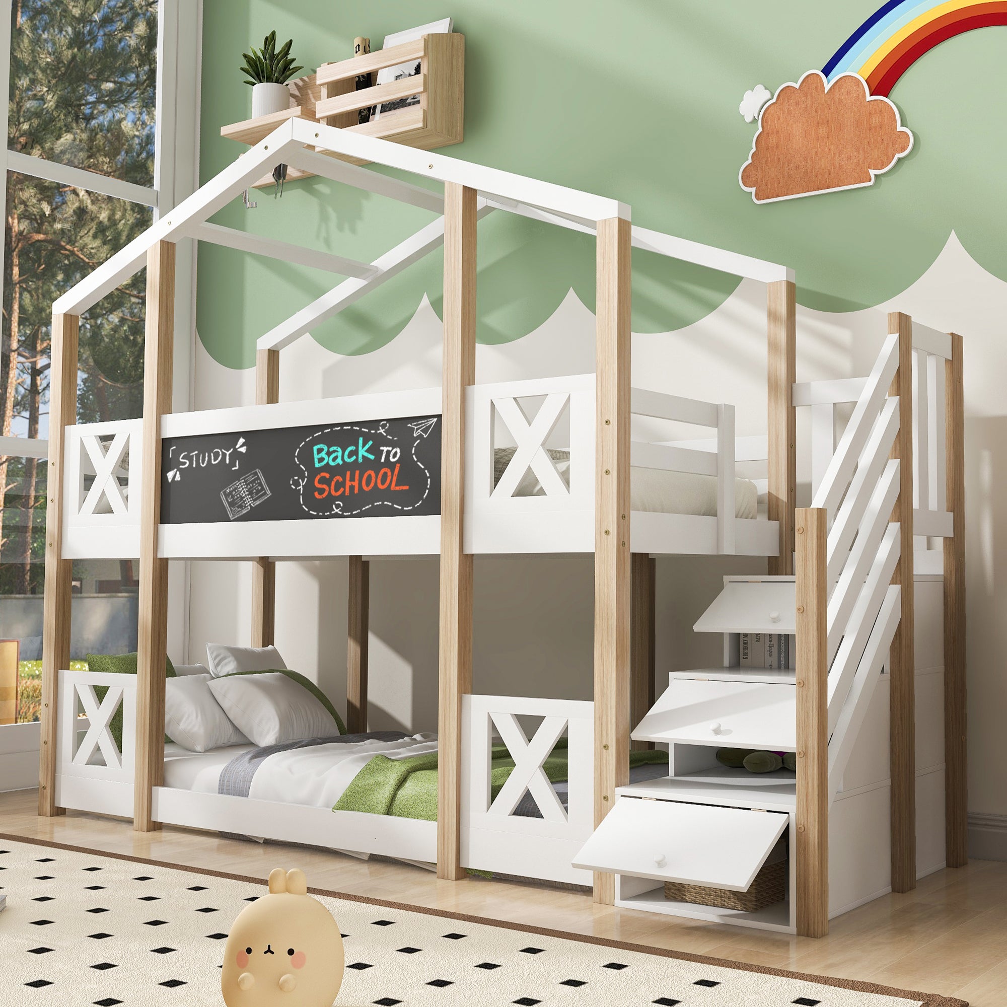 Bunk Bed 90x200cm Tree House Loft with Stairs & Fall Protection, Natural & White