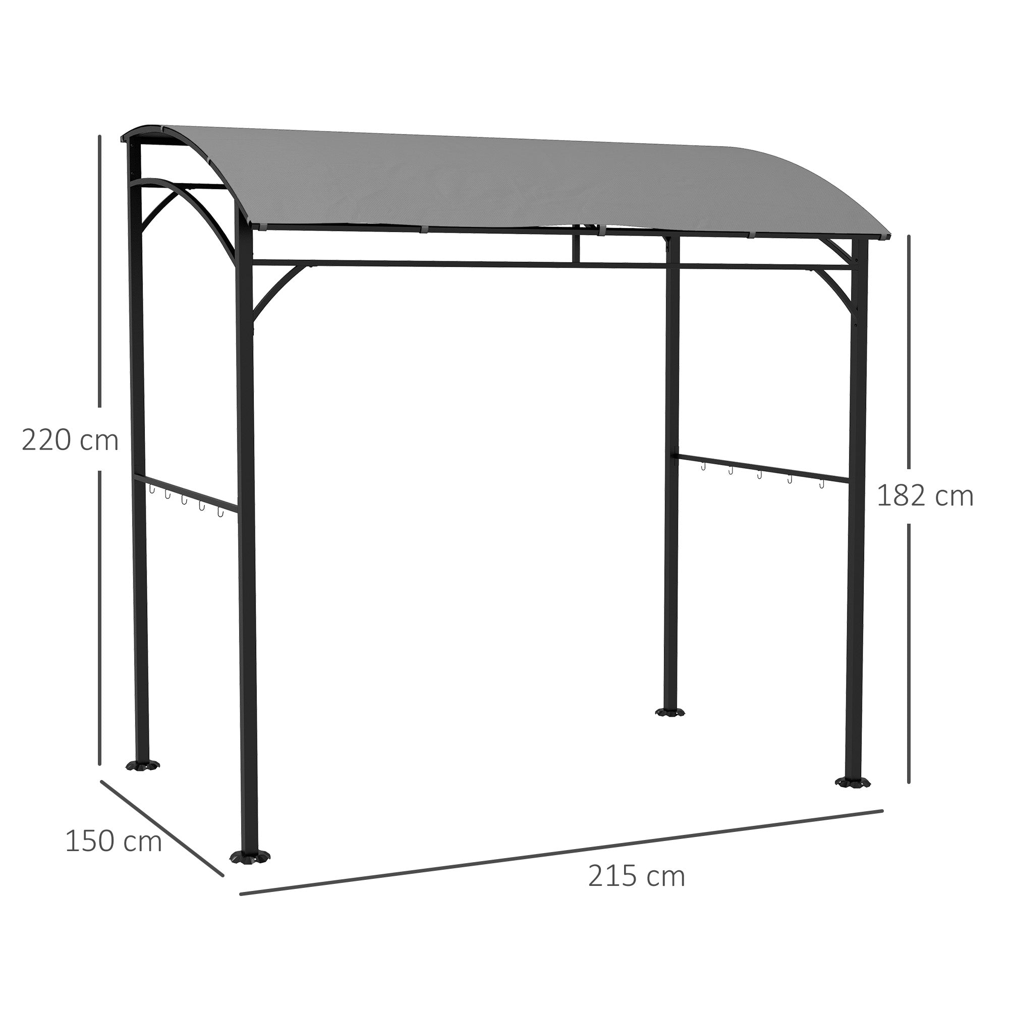 BBQ Grill Gazebo Tent 2.2 x 1.5m, Metal Frame Curved Canopy with 10 Hooks, Grey