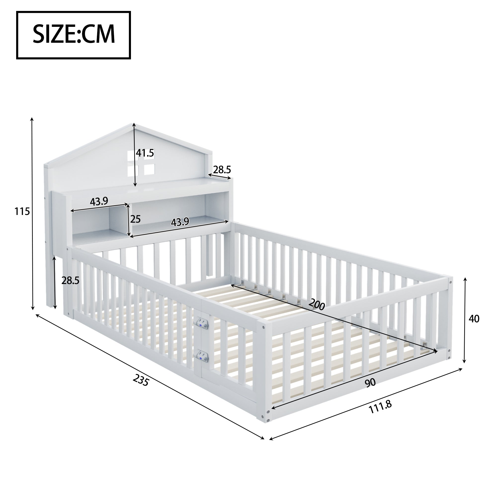 Children's Bed 90x200, Solid Wood Frame with Shelves, Storage, Safety Gate & Door, White