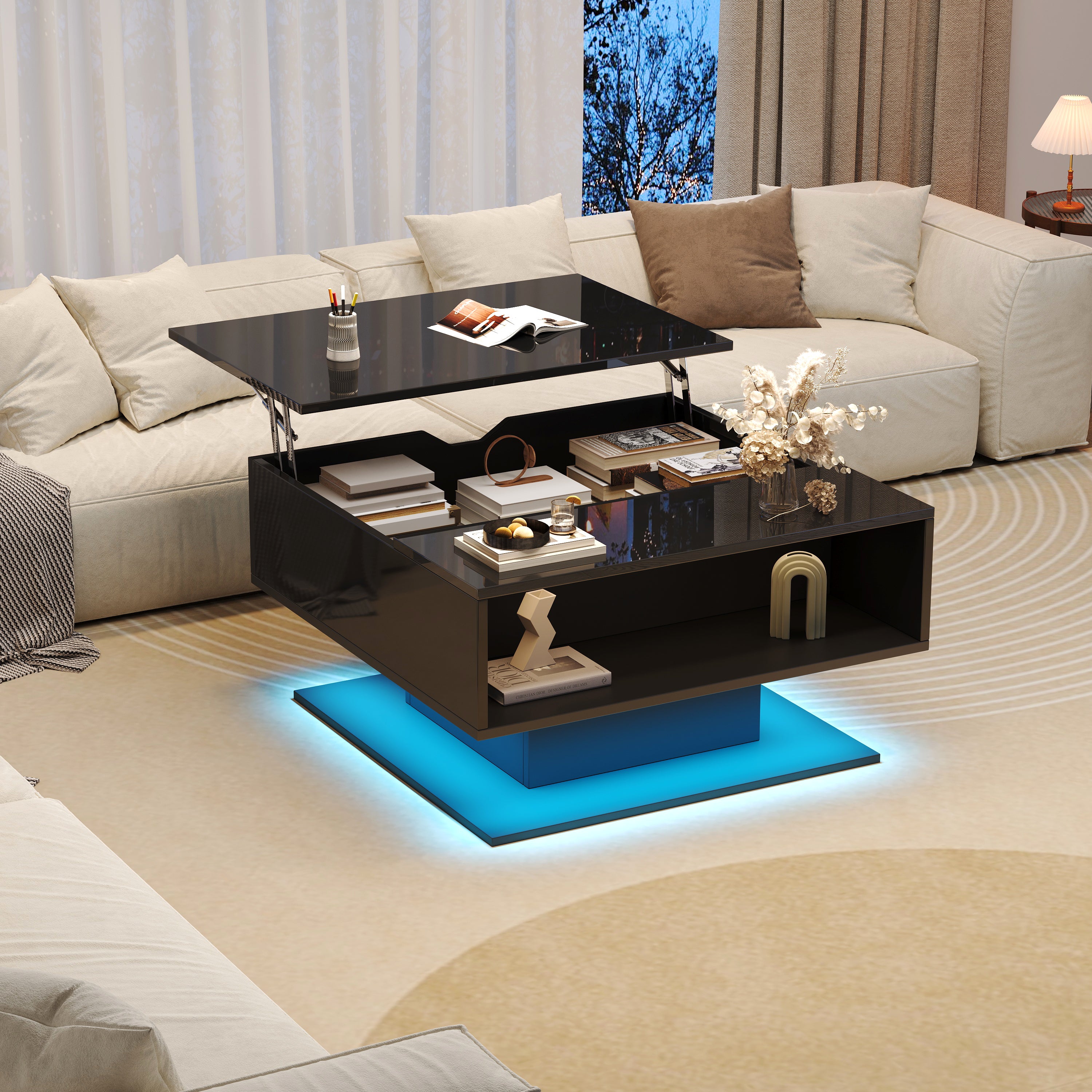 Coffee Table with Hydraulic Lift, High-Gloss, Storage, Black