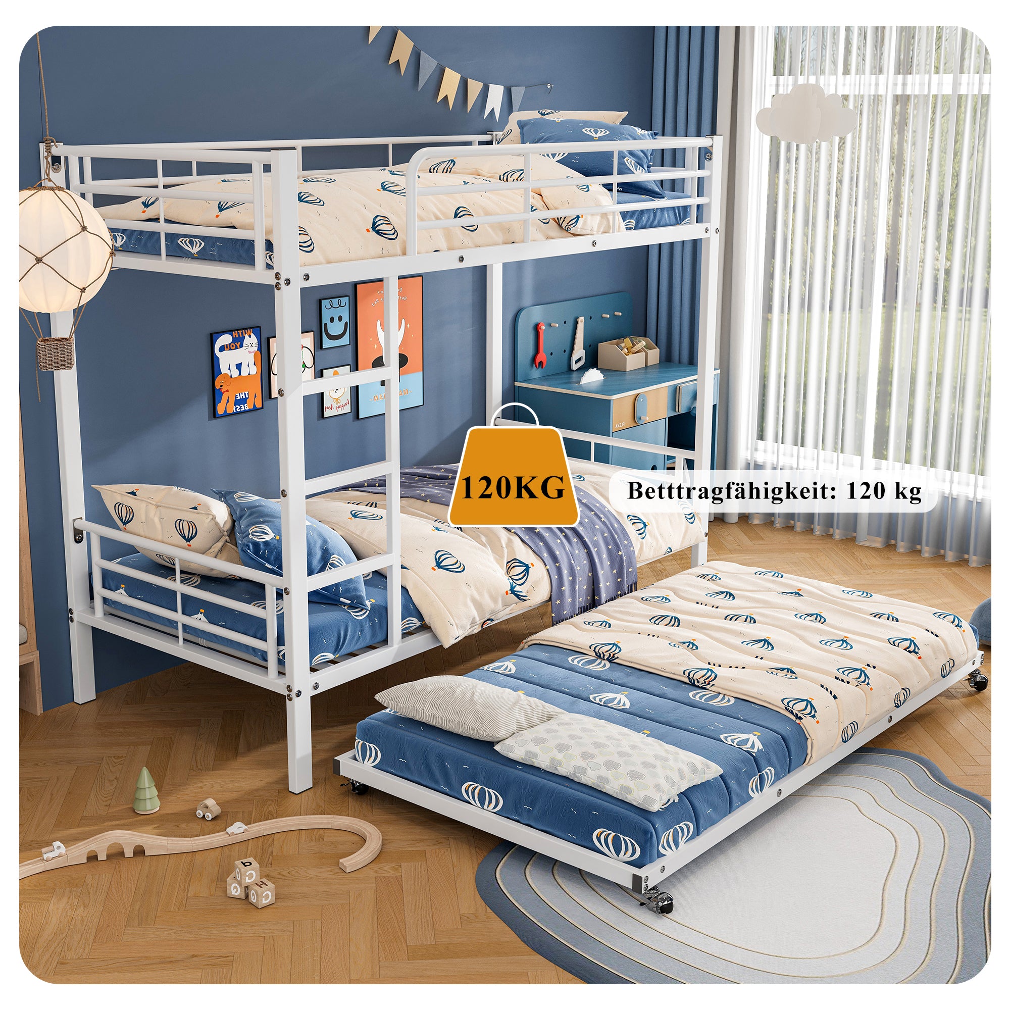 Iron Bunk Bed, Pull-out Bed, Side Rails, 90x200cm & 90x190cm, White