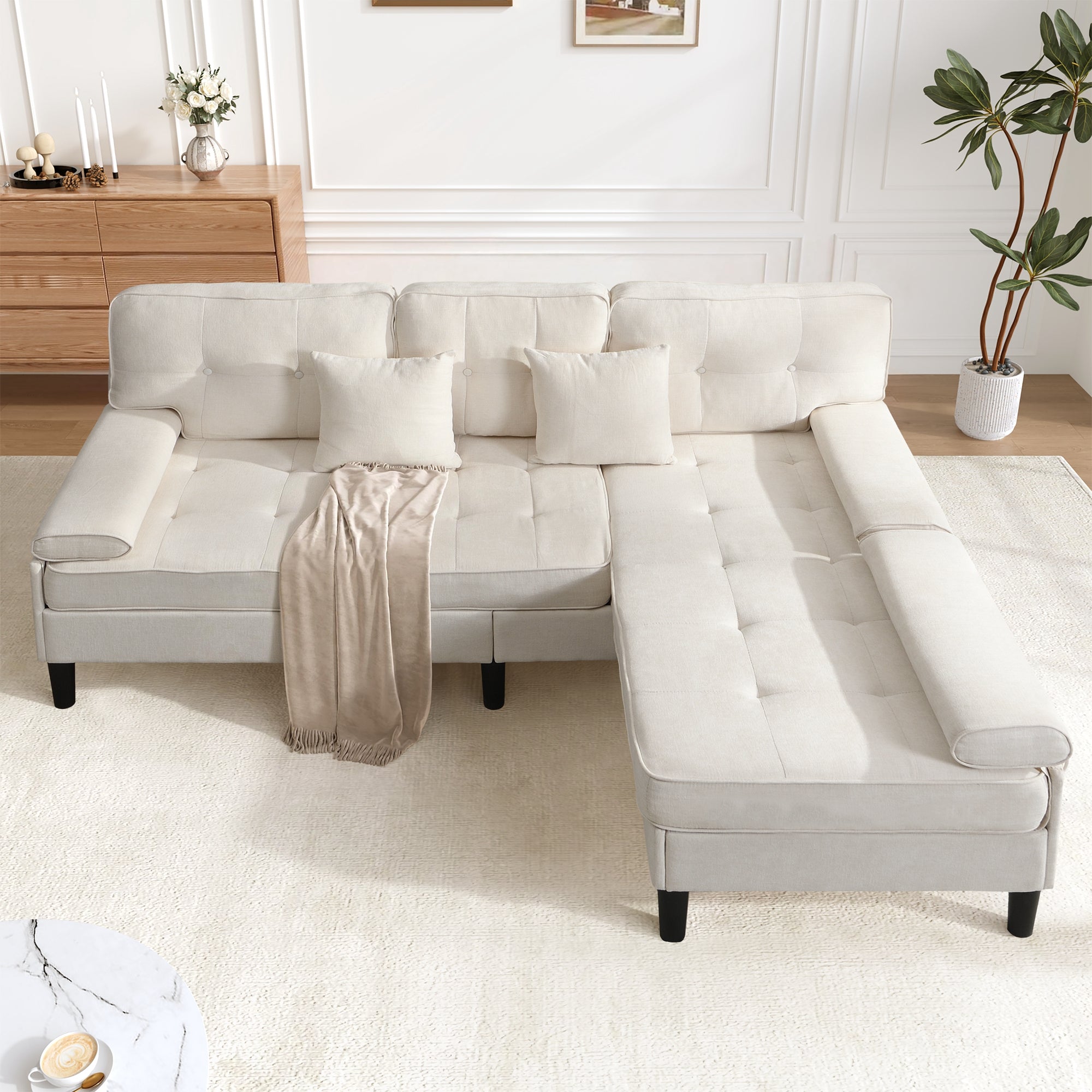 L-Shaped Corner Sofa 3-Seater Sleeper Sofa Bed w/ Chaise & Movable Footrest 195cm - Chenille