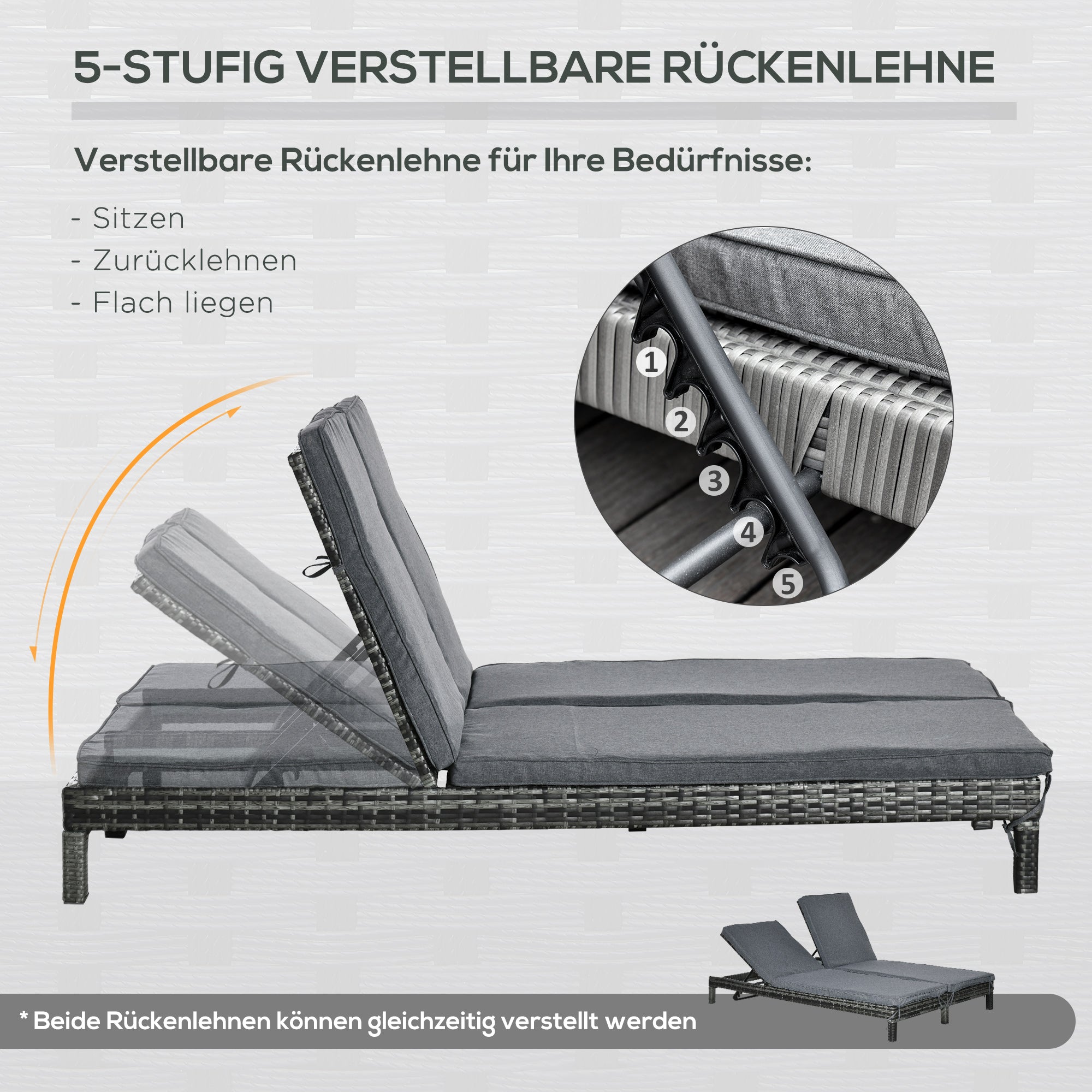 Polyrattan Sun Lounger 2-Person Relax Lounger 5-Position Backrest, Metal & PE Rattan