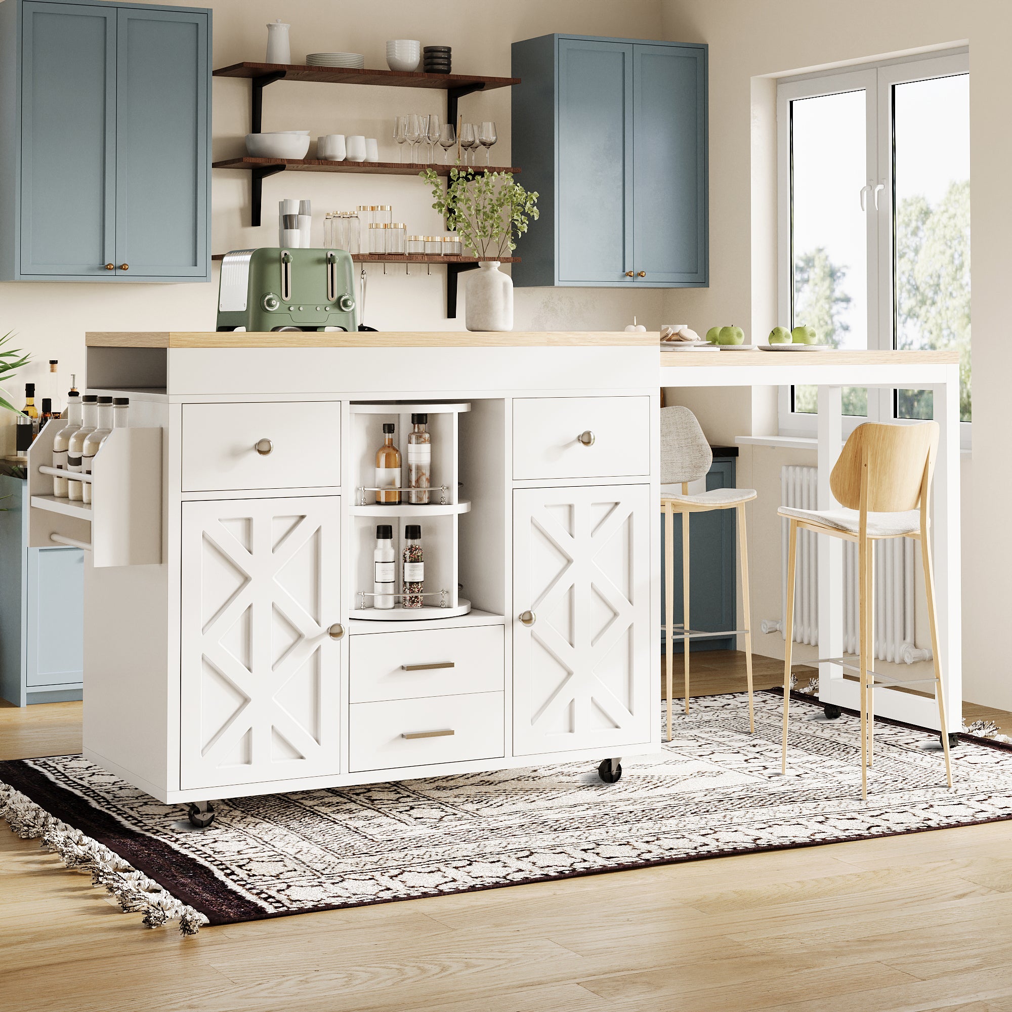 Modern Extendable Bar Table and Kitchen Trolley with Rotating Organizer and Adjustable Shelves, White