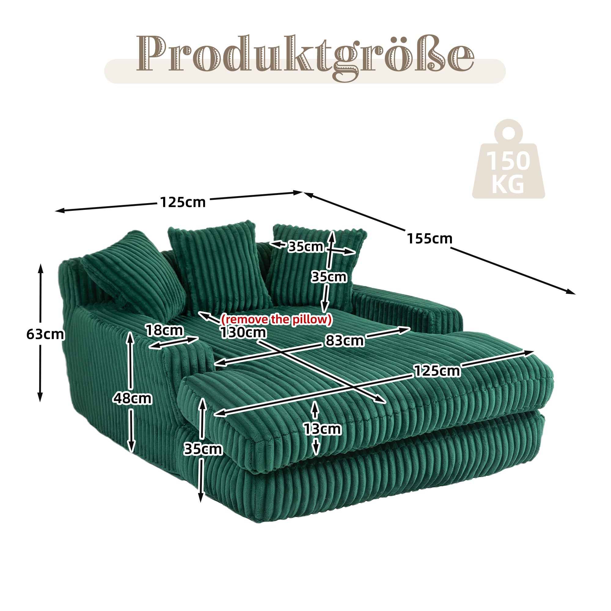 Sofa Bed, Cloud Couch with 3 Soft Pillows, Single Seat, Corduroy Emerald