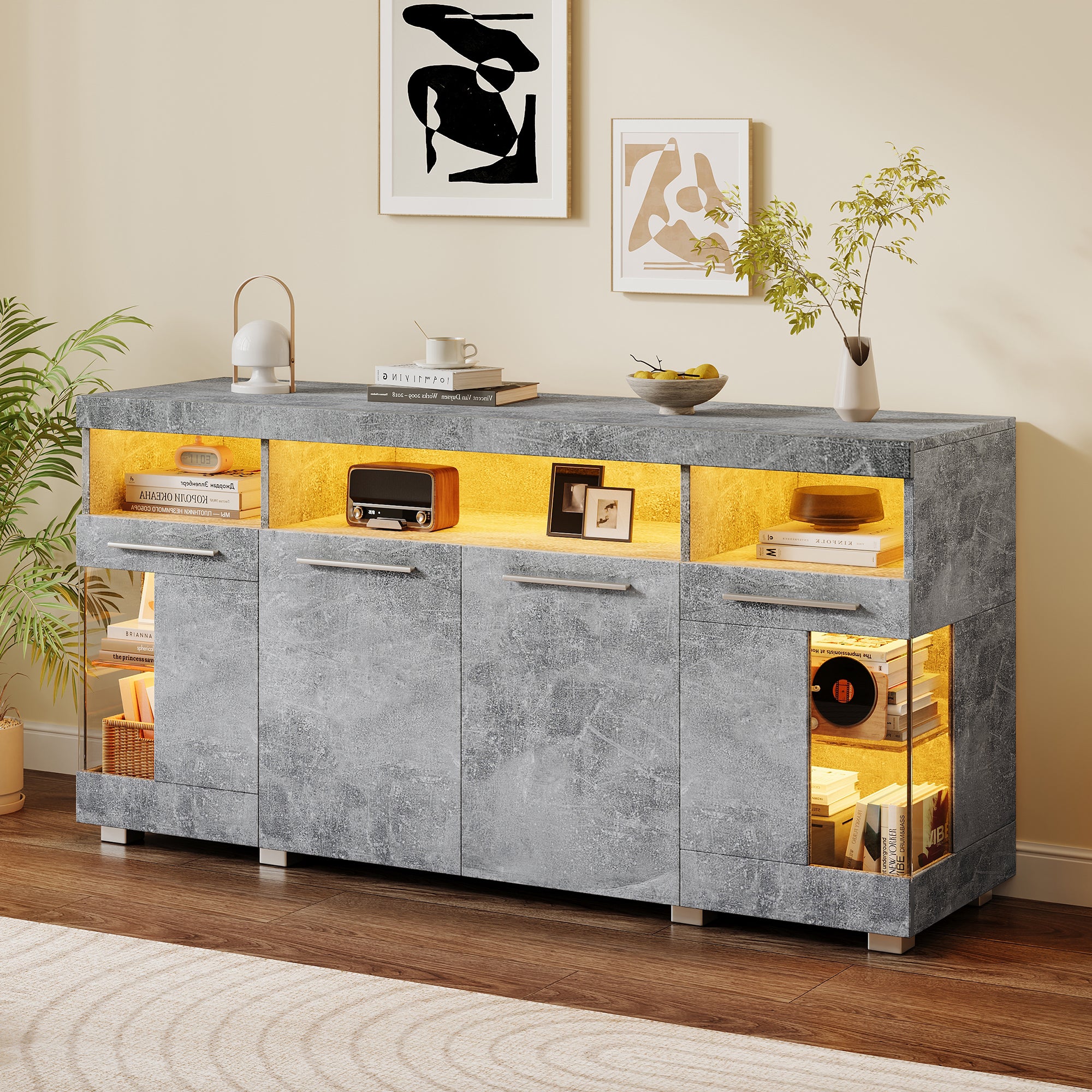 Sideboard Cabinet High-Gloss LED Light Tempered Glass 3 Compartments, Cement-colored