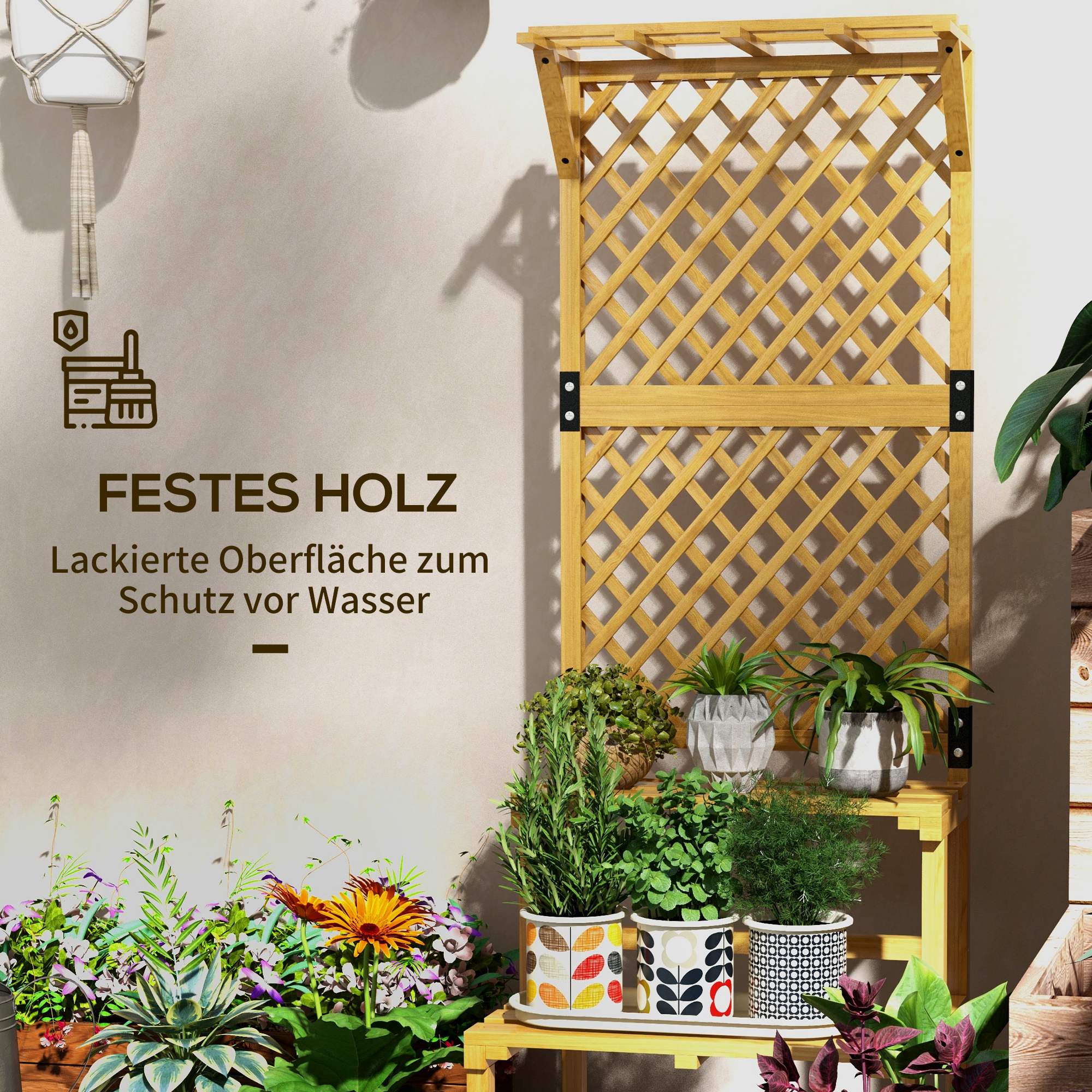 Wooden Plant Stand, 2 Levels, Trellis, Fir Wood