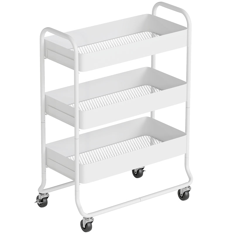 3-Tier Storage Trolley Utility Cart Mesh Baskets White Metal