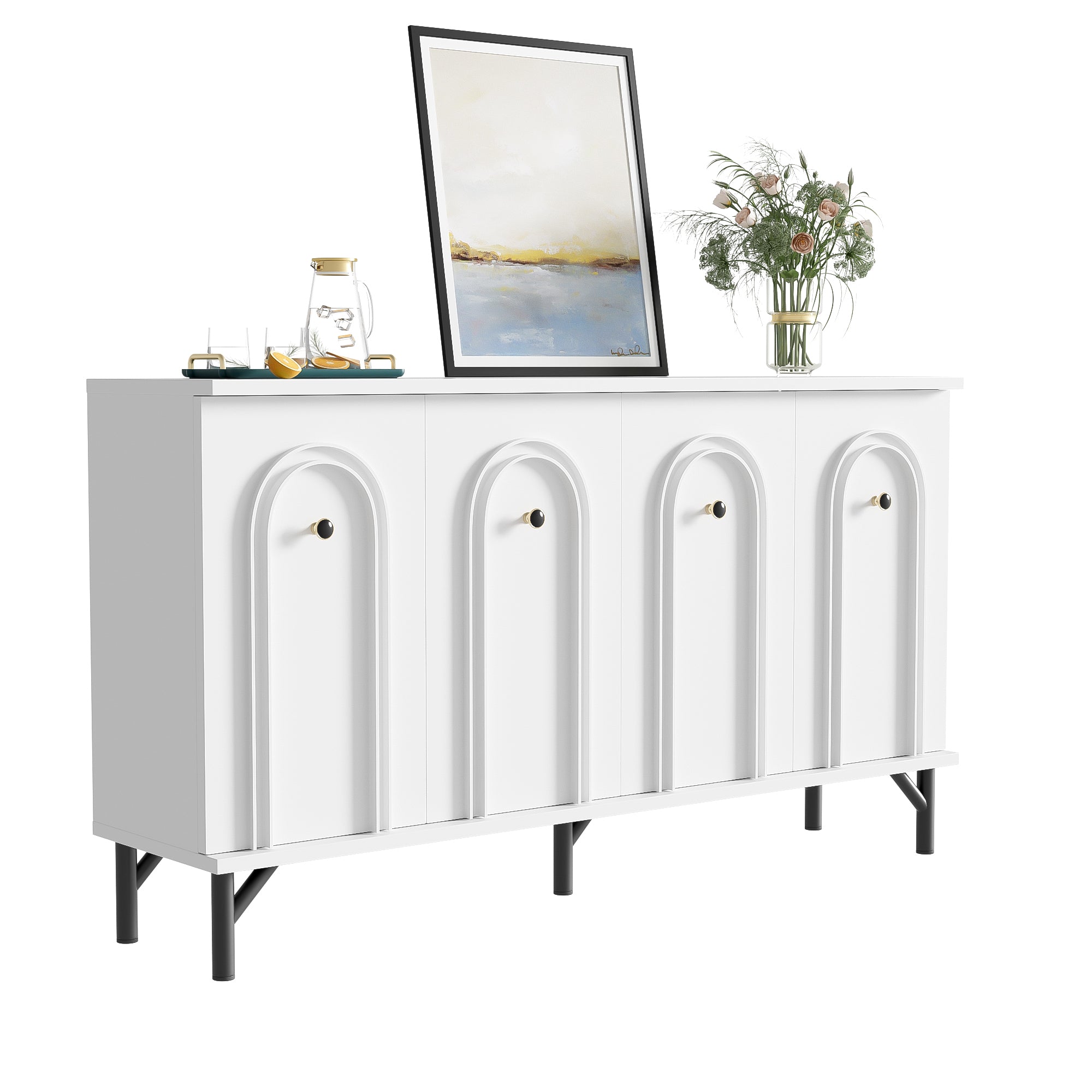 Sideboard, 4-Door with Curved Front, Adjustable Shelves, White
