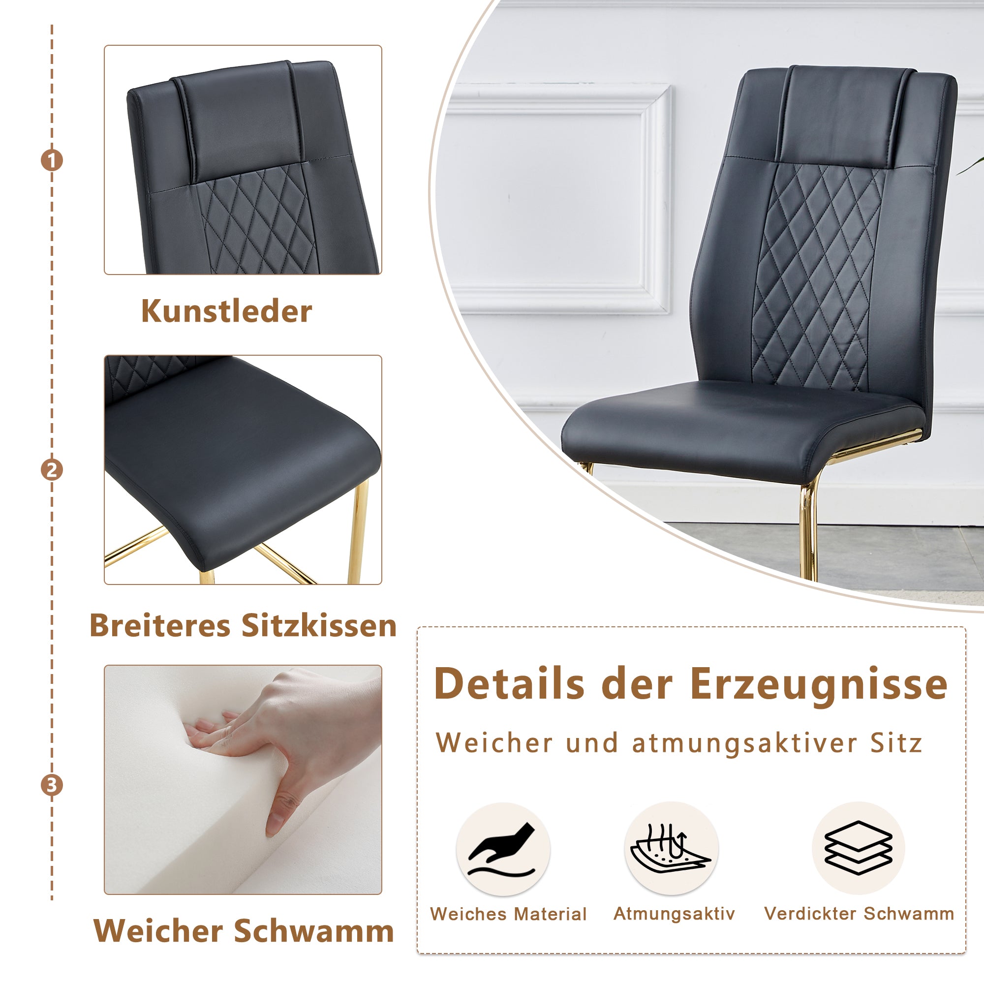 Scandinavian Dining Chairs, Mesh Backrest, Gold Metal Legs, Black PU Leather