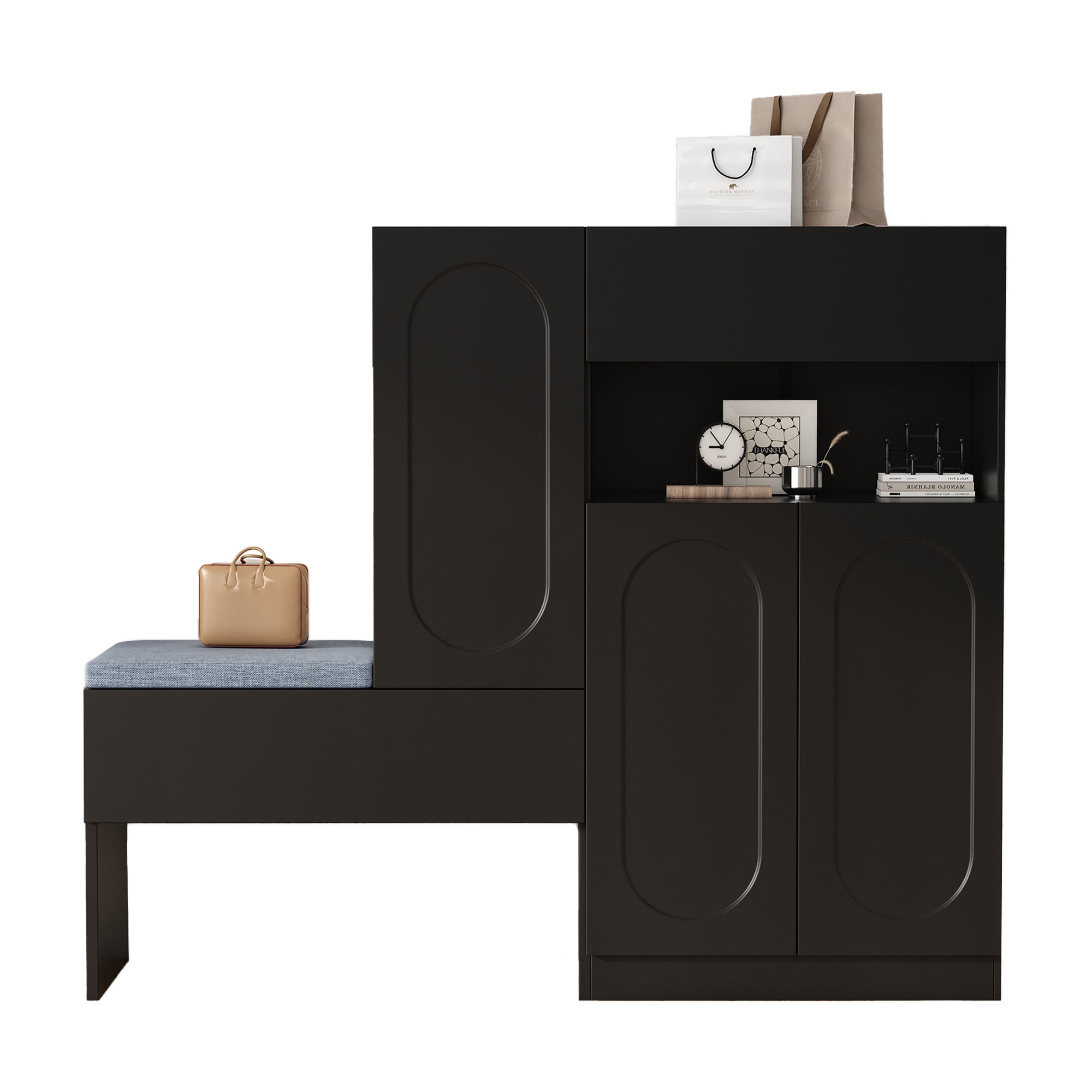Trendy 2-in-1 Shoe Cabinet with Curved Doors, Soft-Close, Adjustable, Upholstered Bench, Black