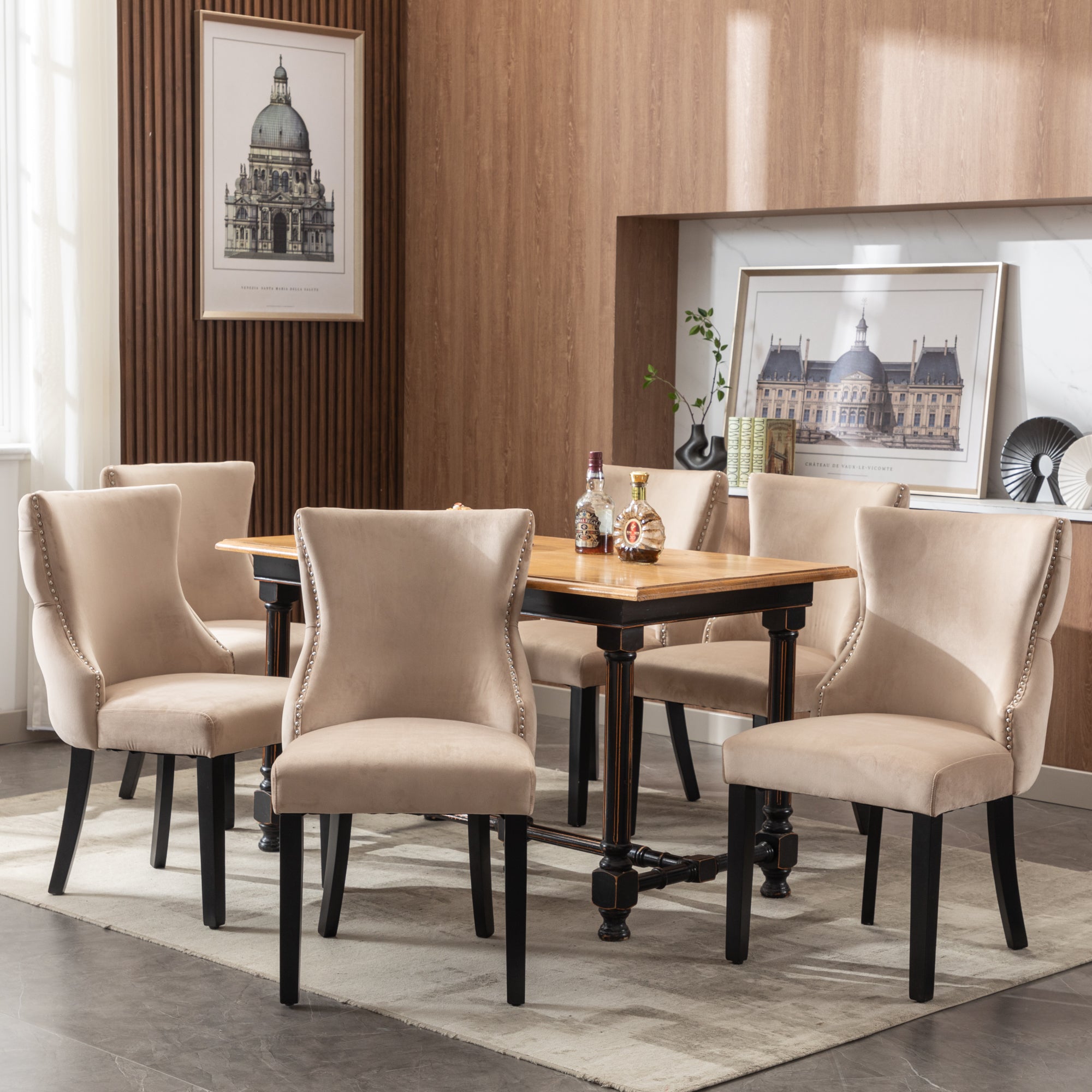 Chair (Set of 6), Dining with Button Stitching, Solid Wood Frame, Beige Velvet