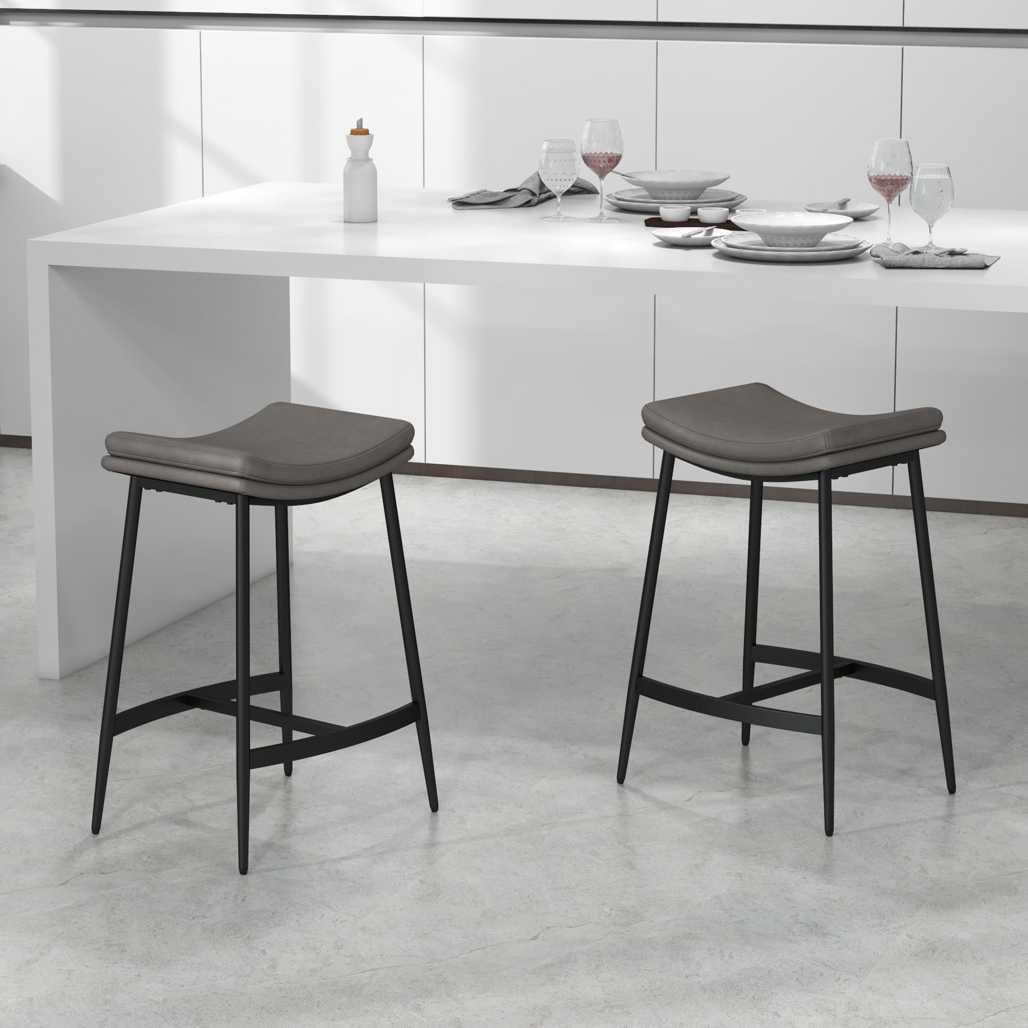 Breakfast Bar Stools Set of 2, Industrial Curved Seat Steel Frame, Microfibre Upholstered Grey