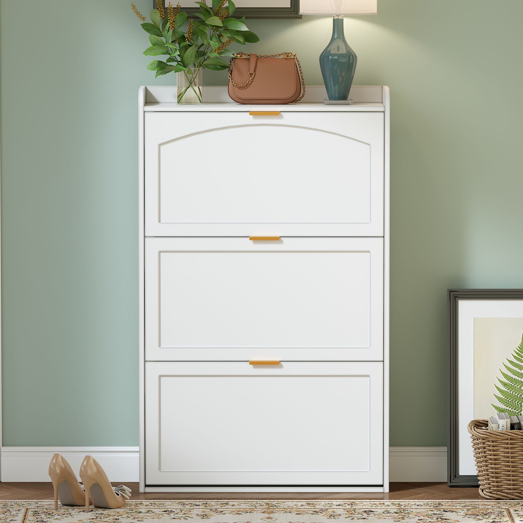 Narrow Shoe Cabinet, 3 Flaps Shoe Cupboard, White Particleboard