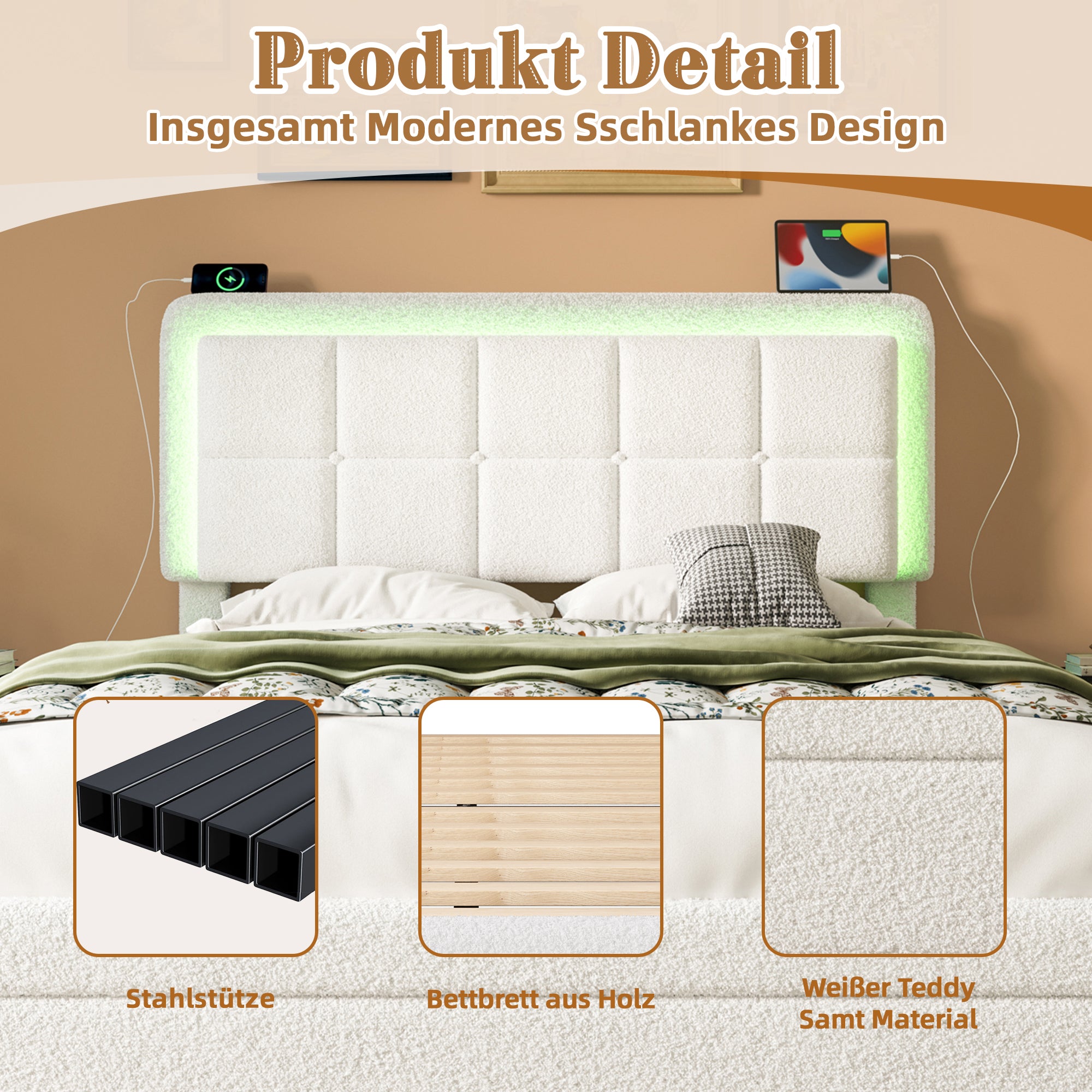 Bed Frame, Adjustable Headboard, Mood Light, USB Port, Teddy Velvet