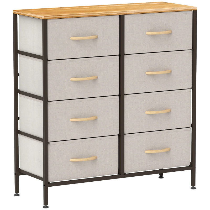 Fabric Chest of Drawers, 8 Drawers Industrial Dresser Steel Frame Wooden Top, Cream White
