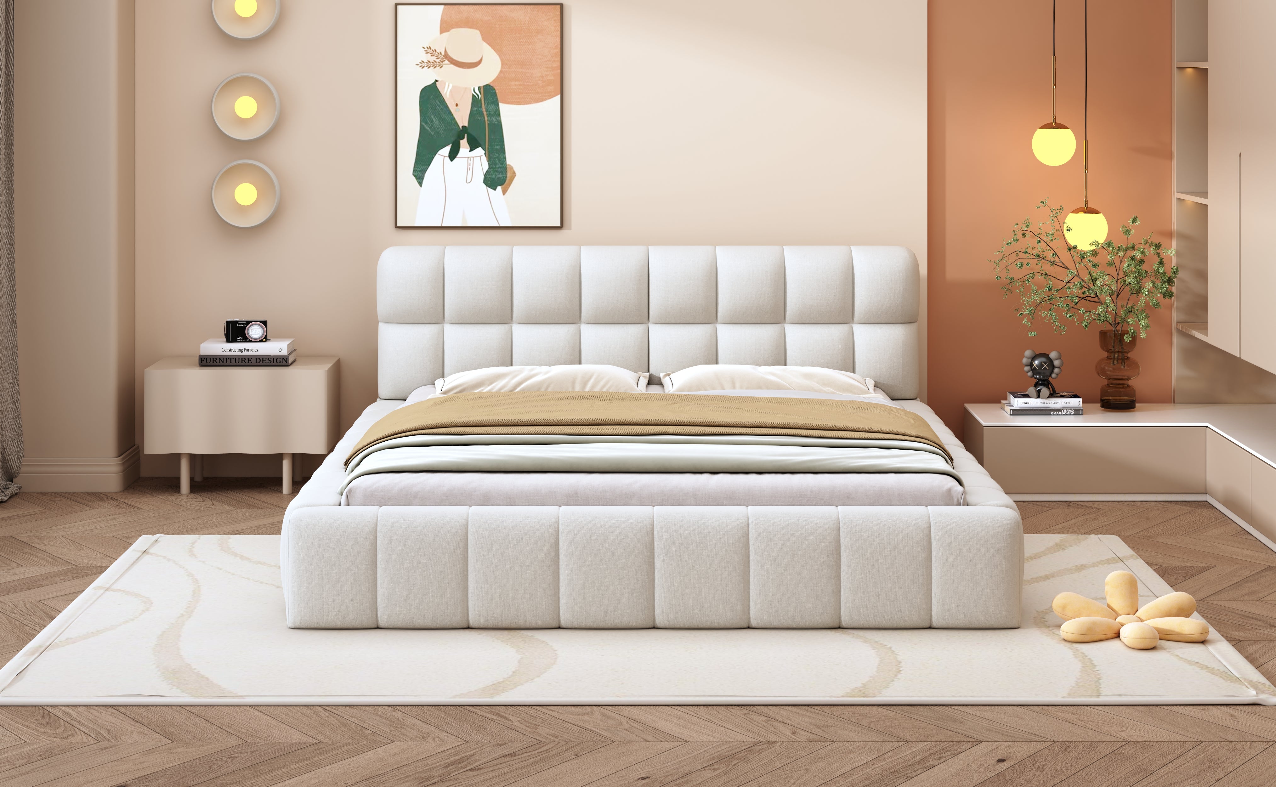 Upholstered Bed, 140x200cm Double with Soft Backrest, Linen Beige