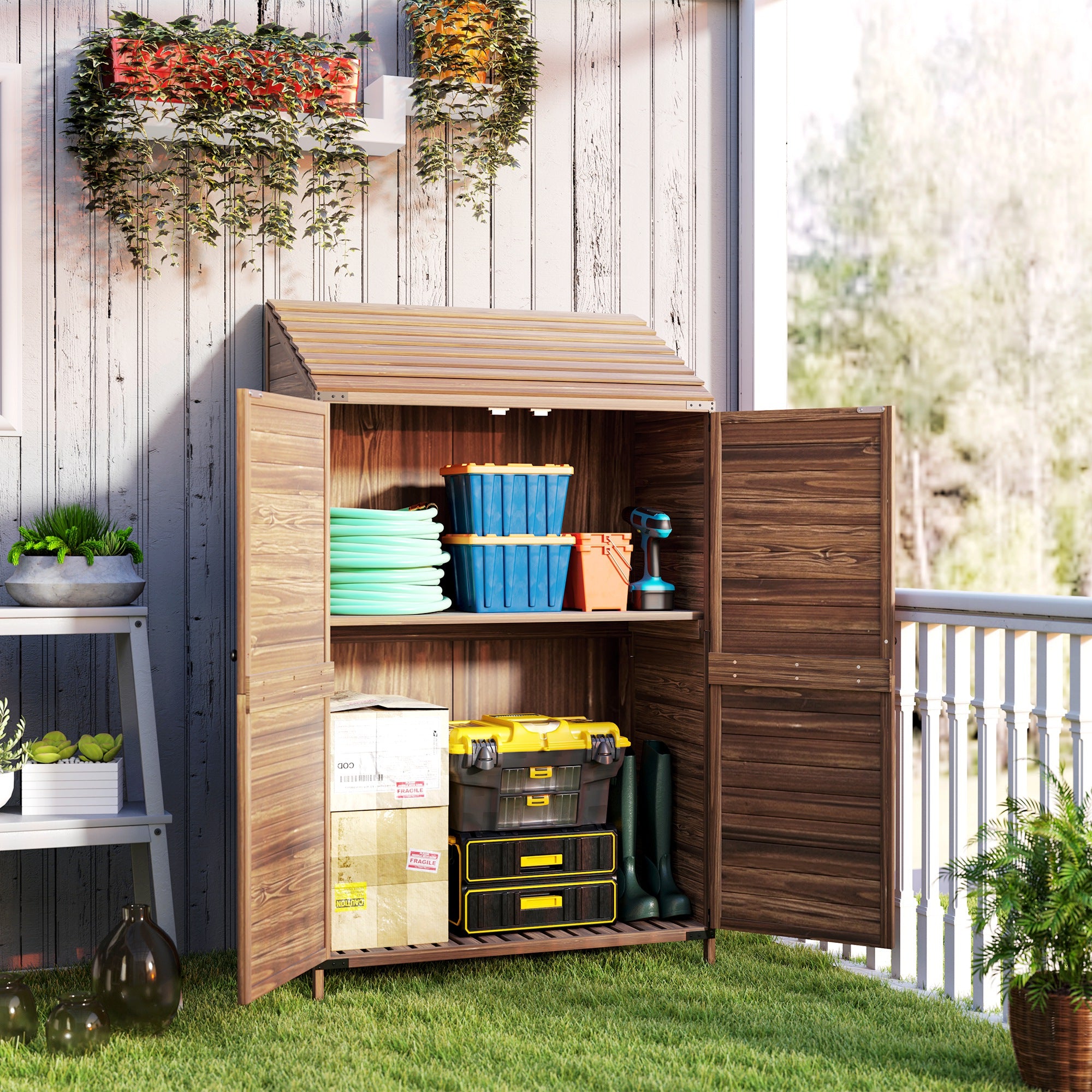 Two-Tier Wooden Garden Shed 59 x 103.5 cm - Brown