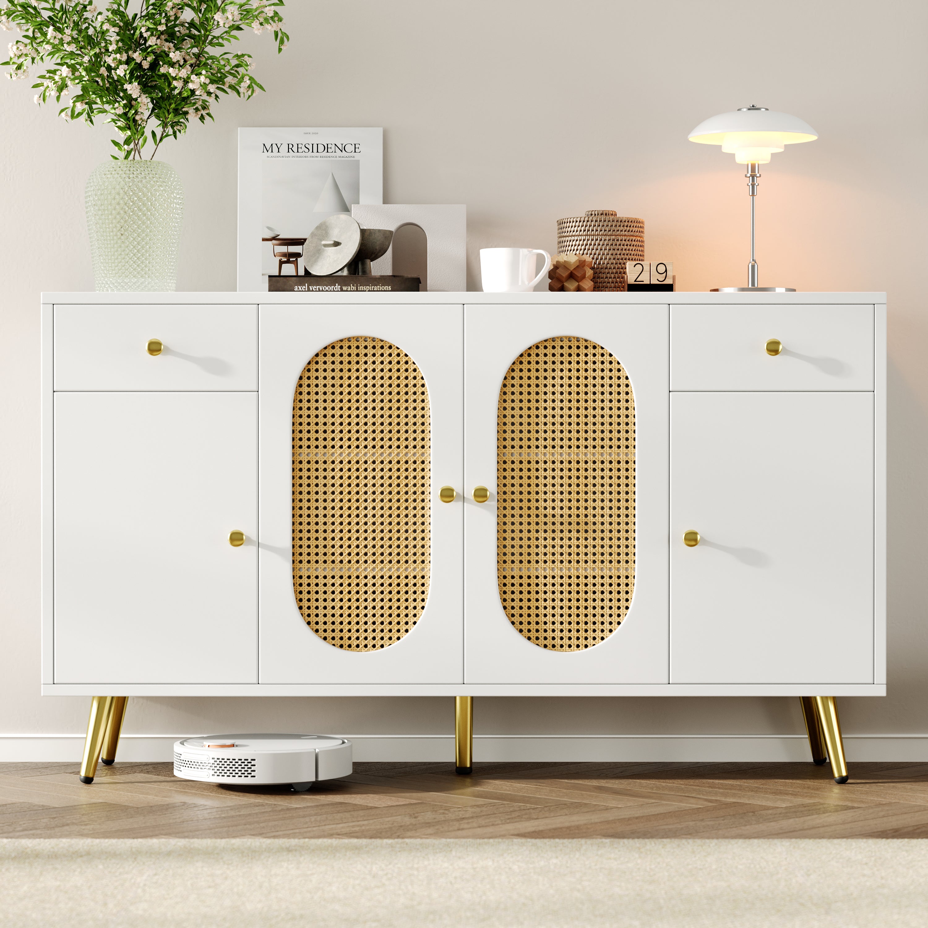 Chest of Drawers Sideboard 2 Drawers 4 Doors Adjustable Shelves White/Natural