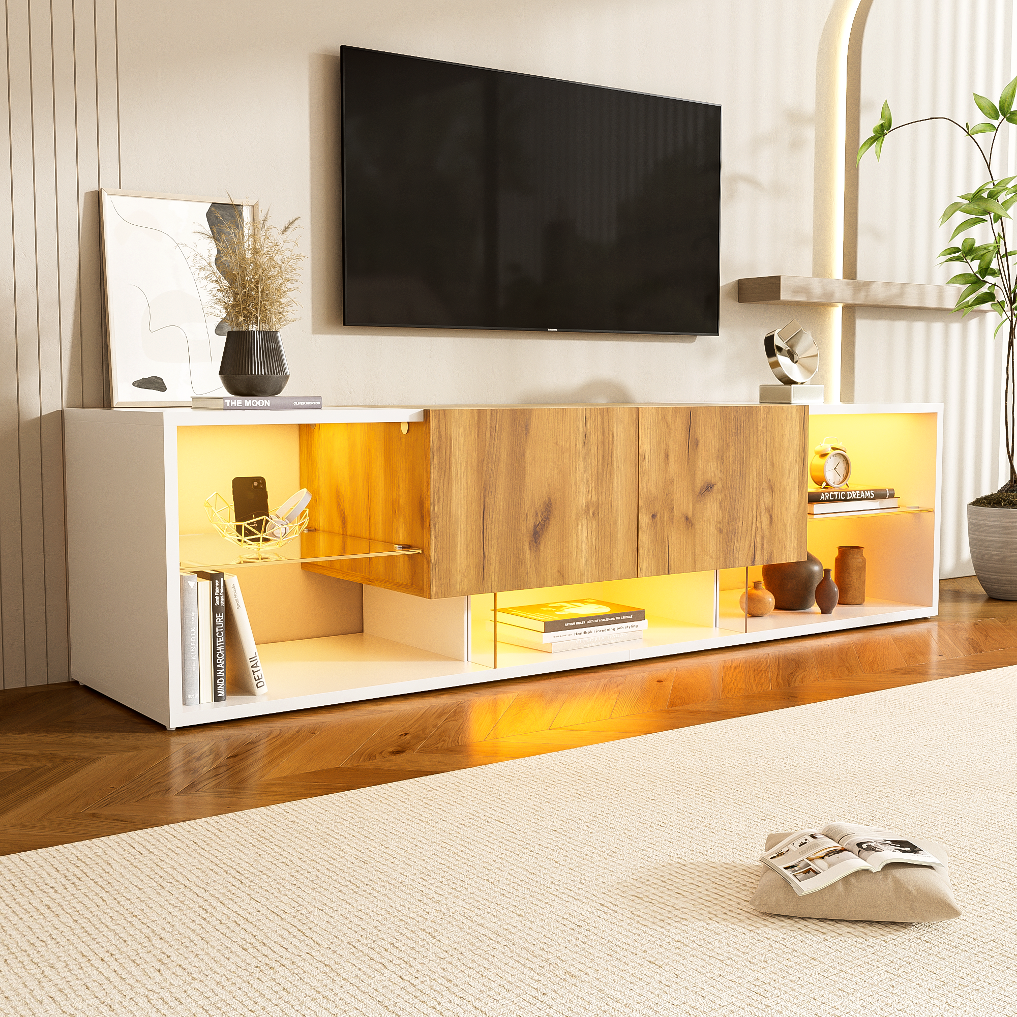 TV Stand 2-Drawer LED for 70 Inch TV, Wood and White MDF