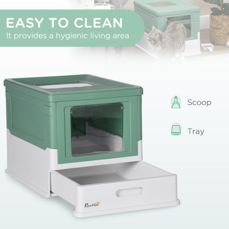 Hooded Cat Litter Box, Portable, with Scoop, Front Entry - Green
