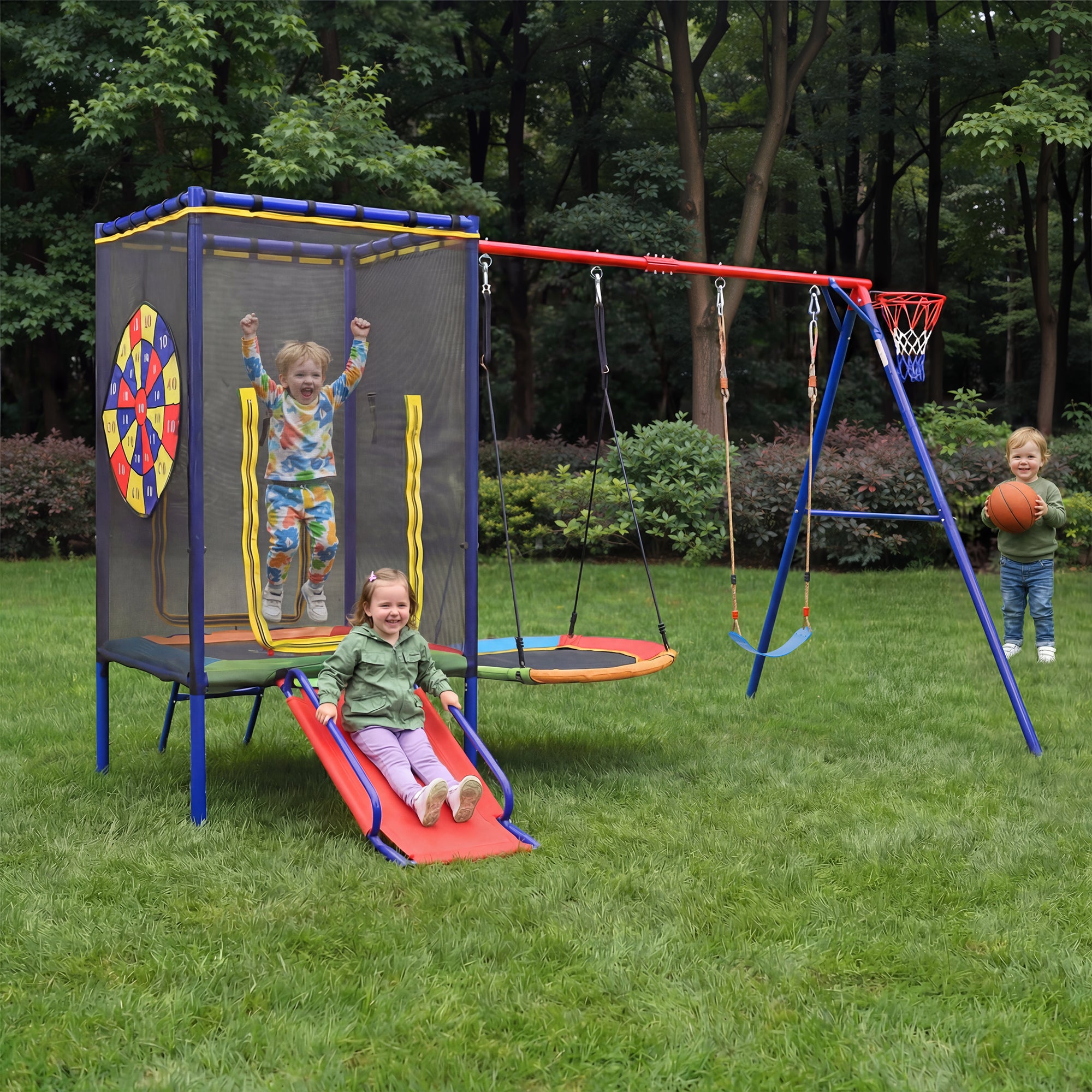 Multifunctional Outdoor Swing Set with Trampoline, Slide, Basketball Hoop and Nest Swing, Stable Steel Construction