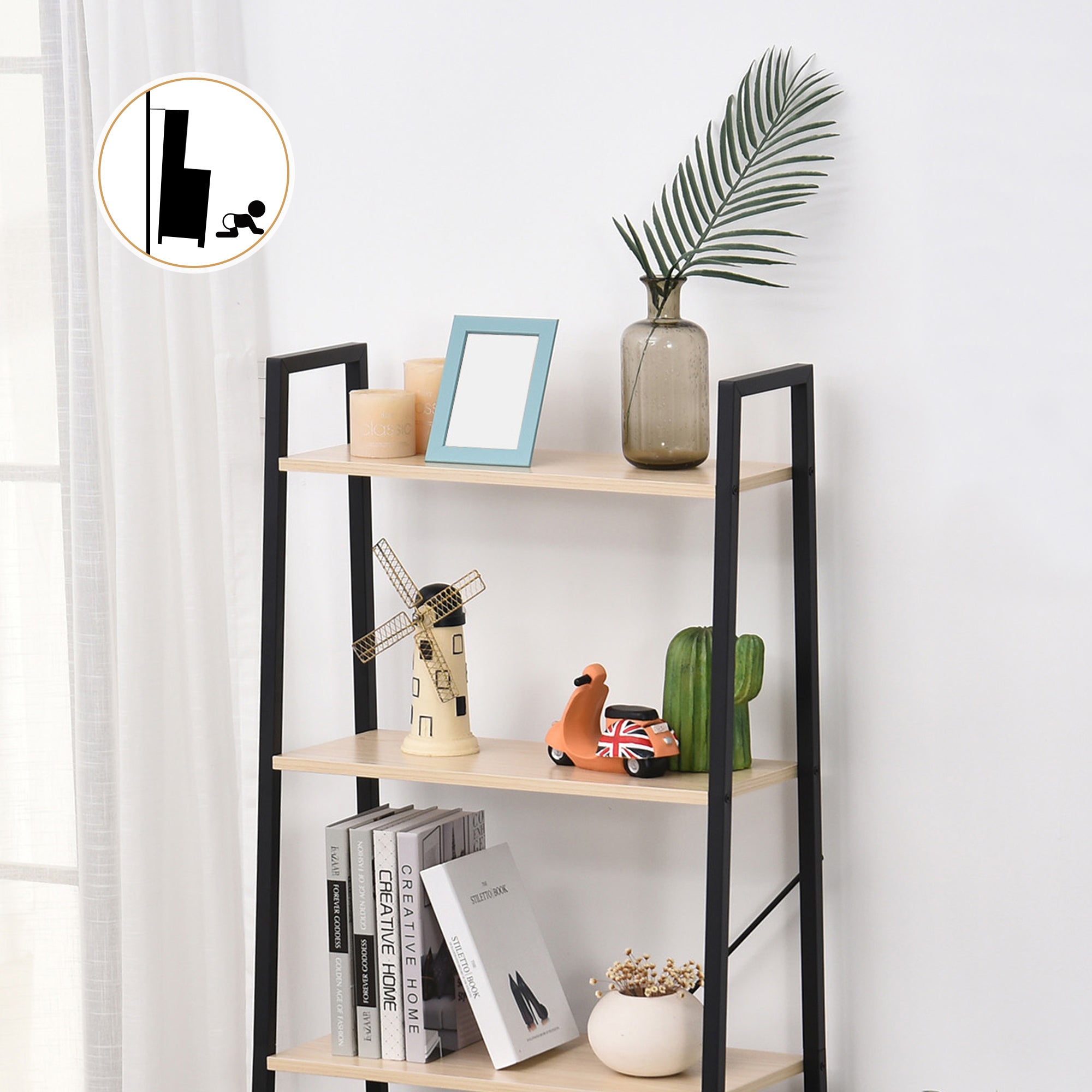 Ladder Shelf Bookshelf 4-Tier Industrial Storage Rack, Oak and Black