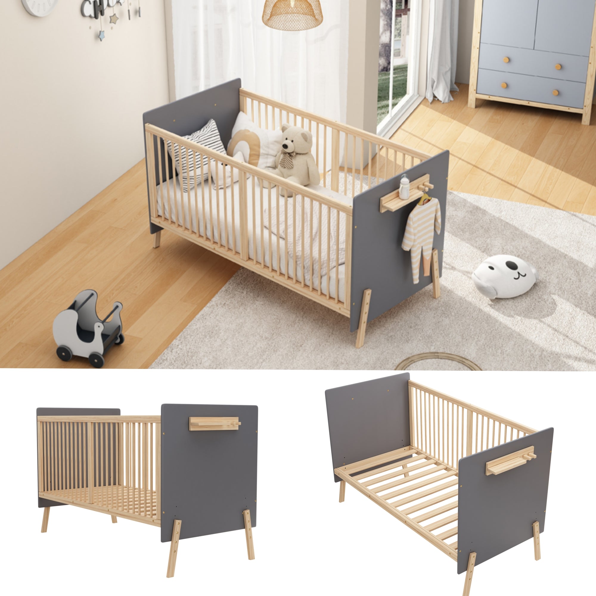 Solid Wood Baby Bed Adjustable Children's Cot/Sofa Bed 3-Stage Height Blue-Grey Natural Wood