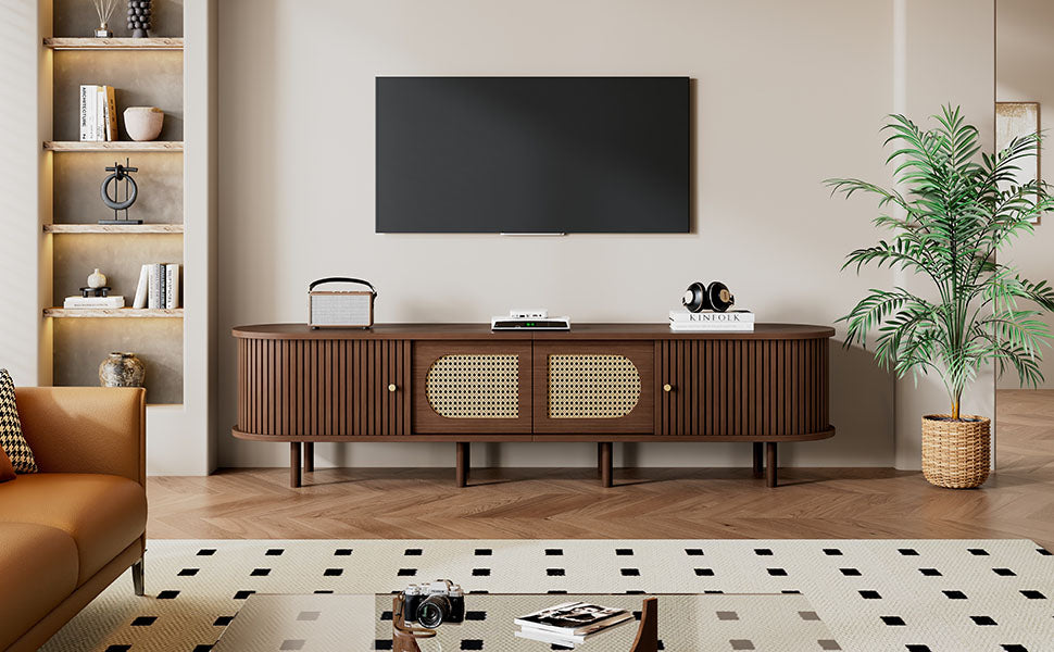 Oval TV Stand 180cm Rattan Design with 2 Sliding Doors Dark Walnut